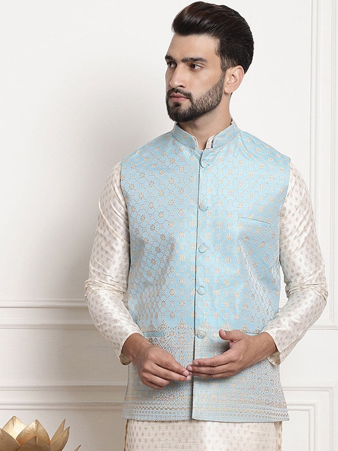 SOJANYA Ethnic Motifs Mandarin Collar Woven Design Nehru Jackets - view 1