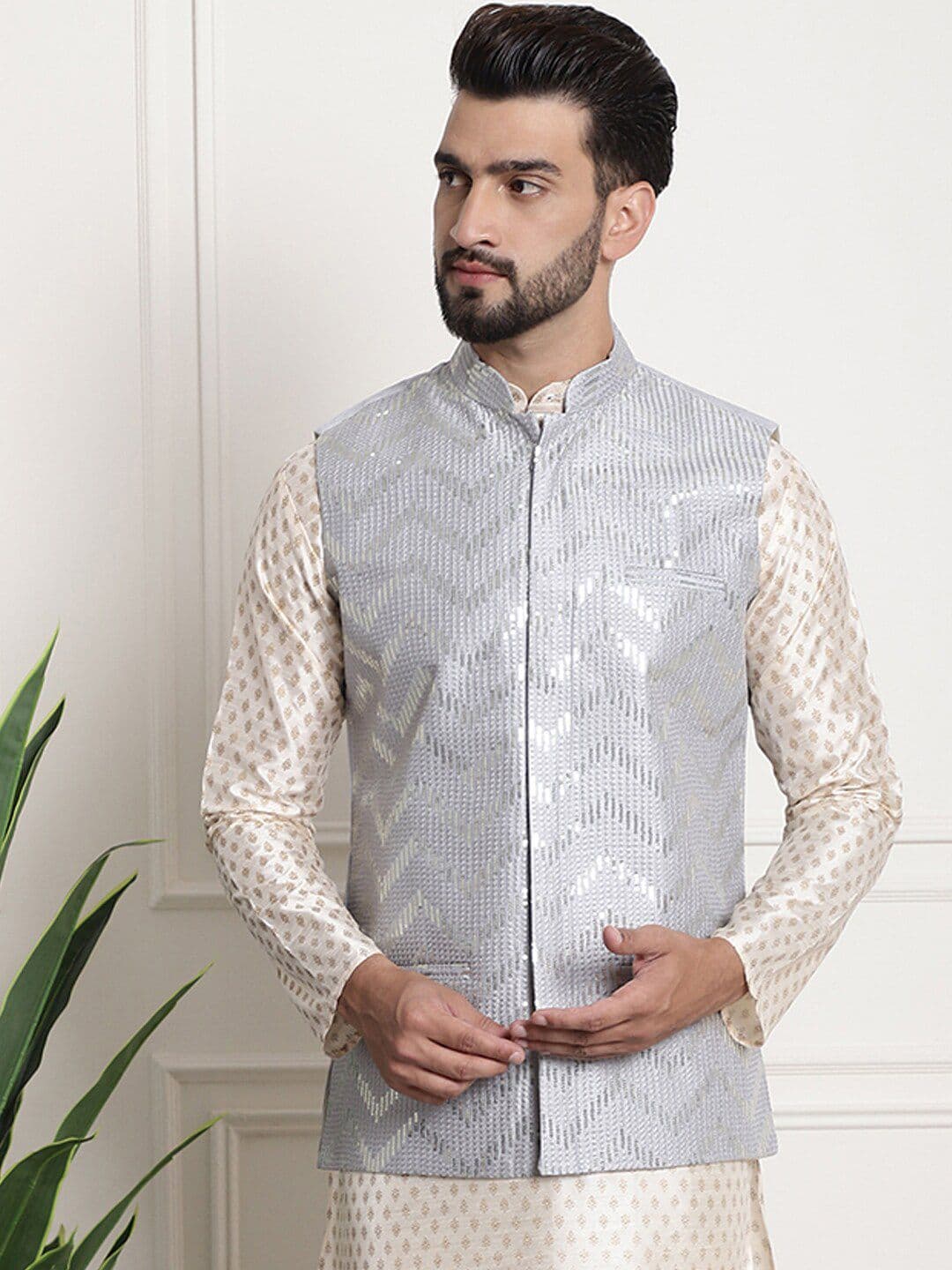 SOJANYA Chevron Embellished Mandarin Collar Nehru Jackets - view 1