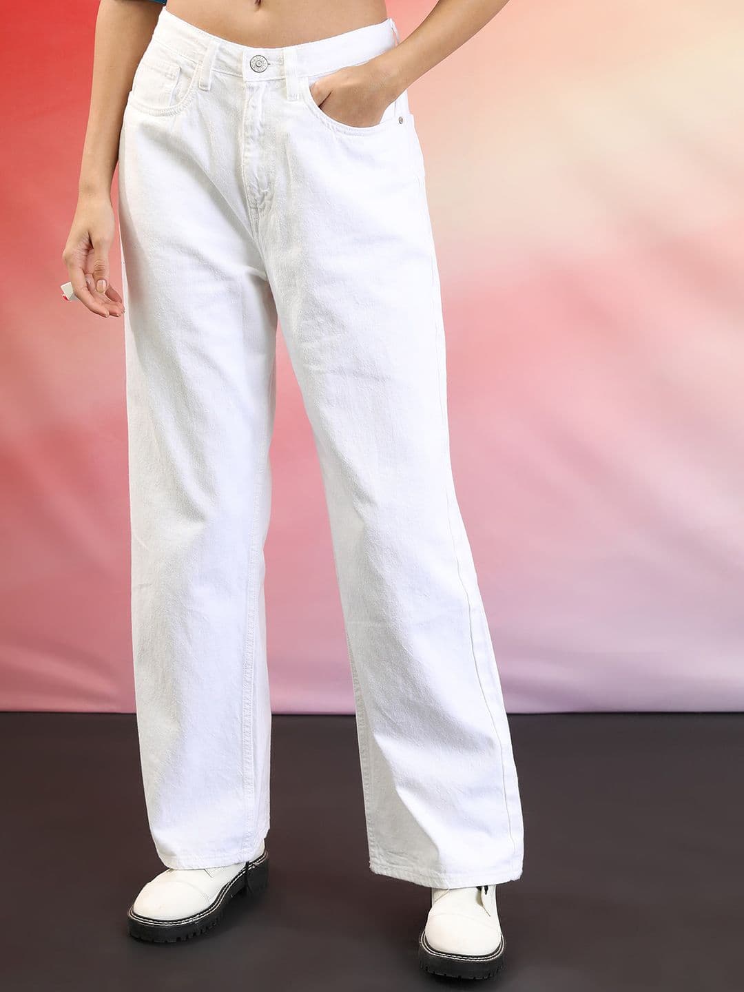 Tokyo Talkies Women White Wide Leg Mid-Rise Stretchable Jeans - view 1
