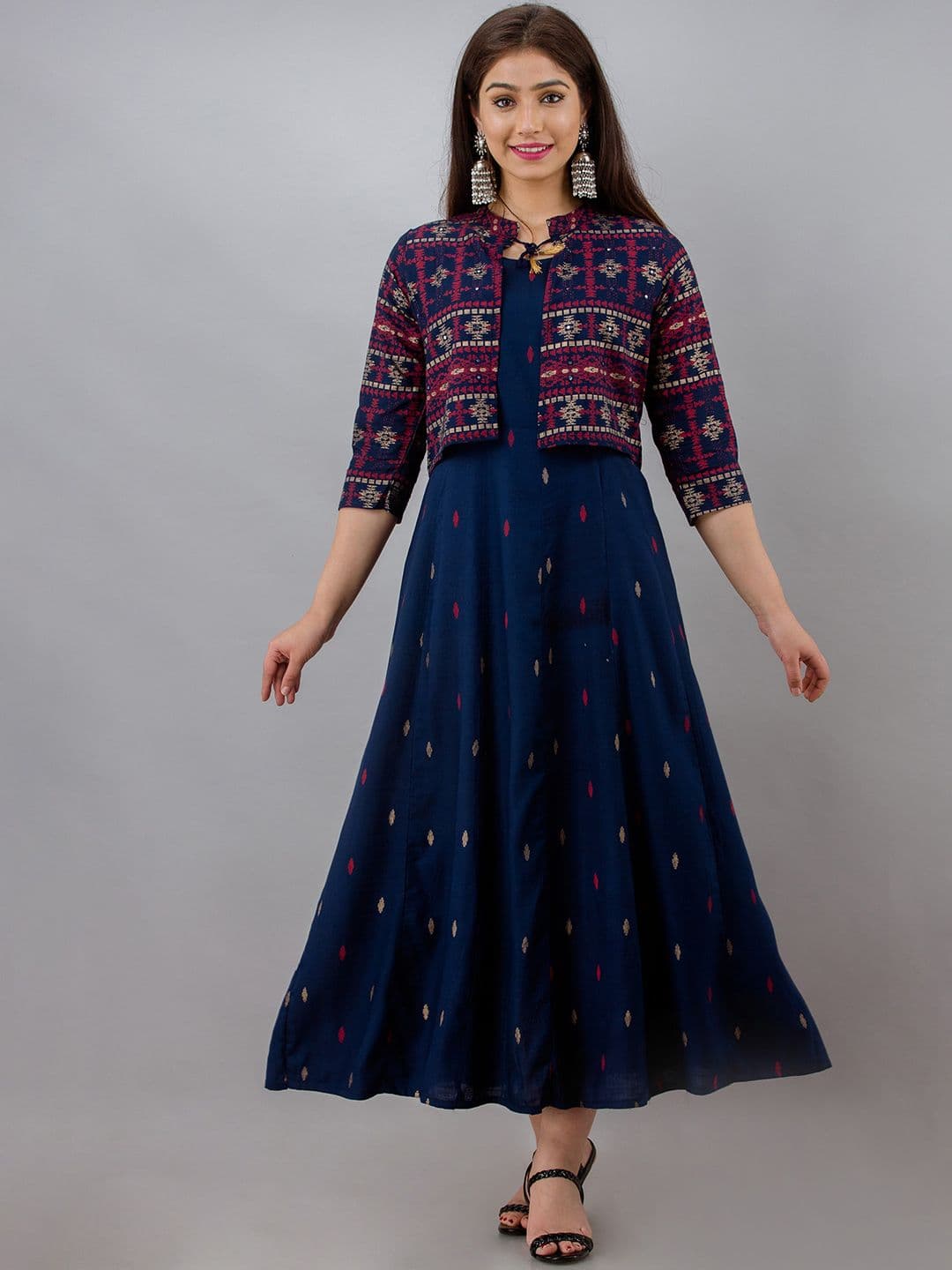 CELEBRAVO Ethnic Motifs Printed Round Neck Fit &Flare Midi Ethnic Dress With Jacket - view 1