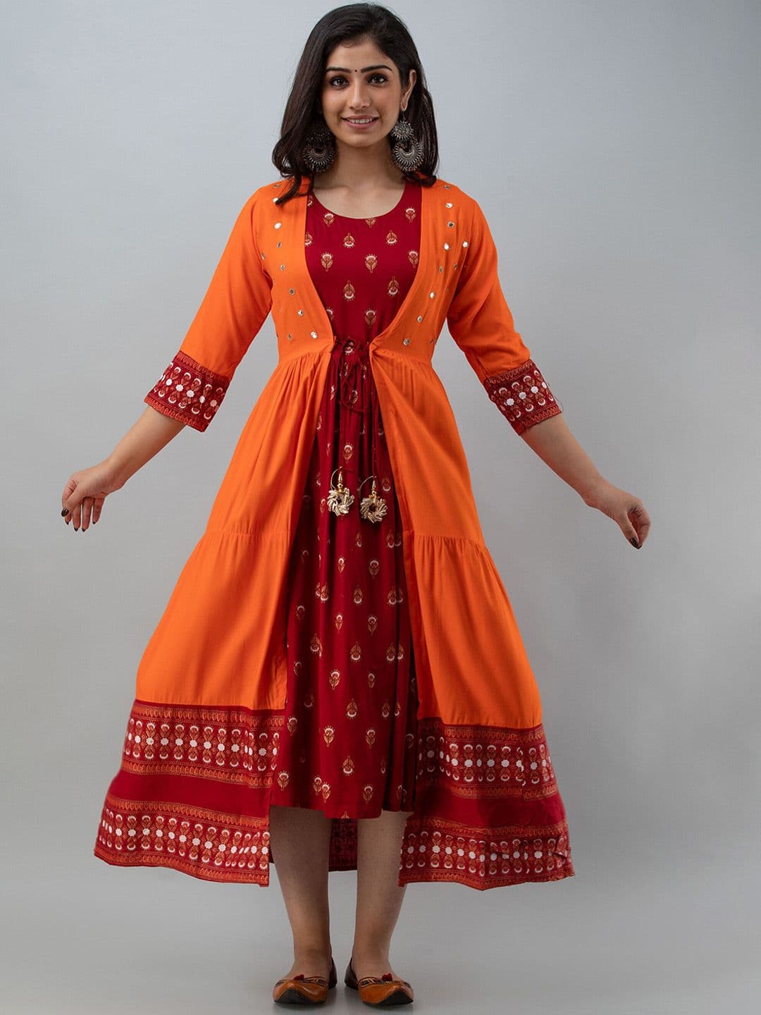 CELEBRAVO Ethnic Motifs Printed Gathered A-Line Ethnic Dress With Shrug - view 1