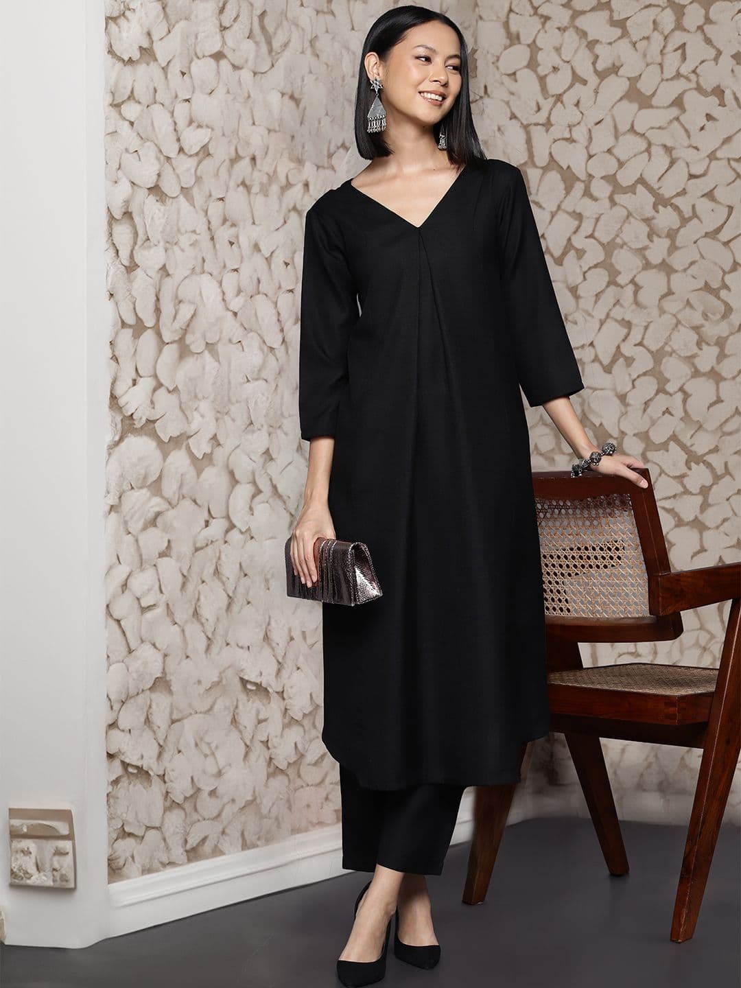 Varanga Black V-Neck Pleated Apple Hem Kurta With Trouser - view 1