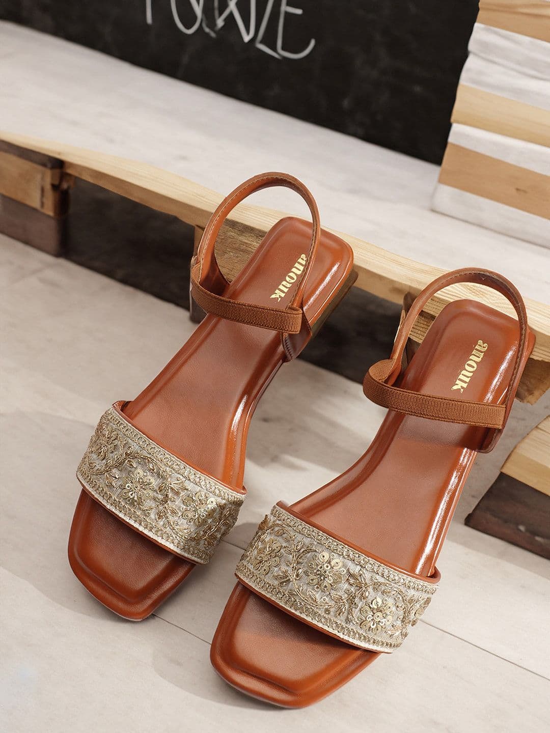 Anouk Tan Brown & Gold-Toned Embroidered Open Toe Flats - view 1