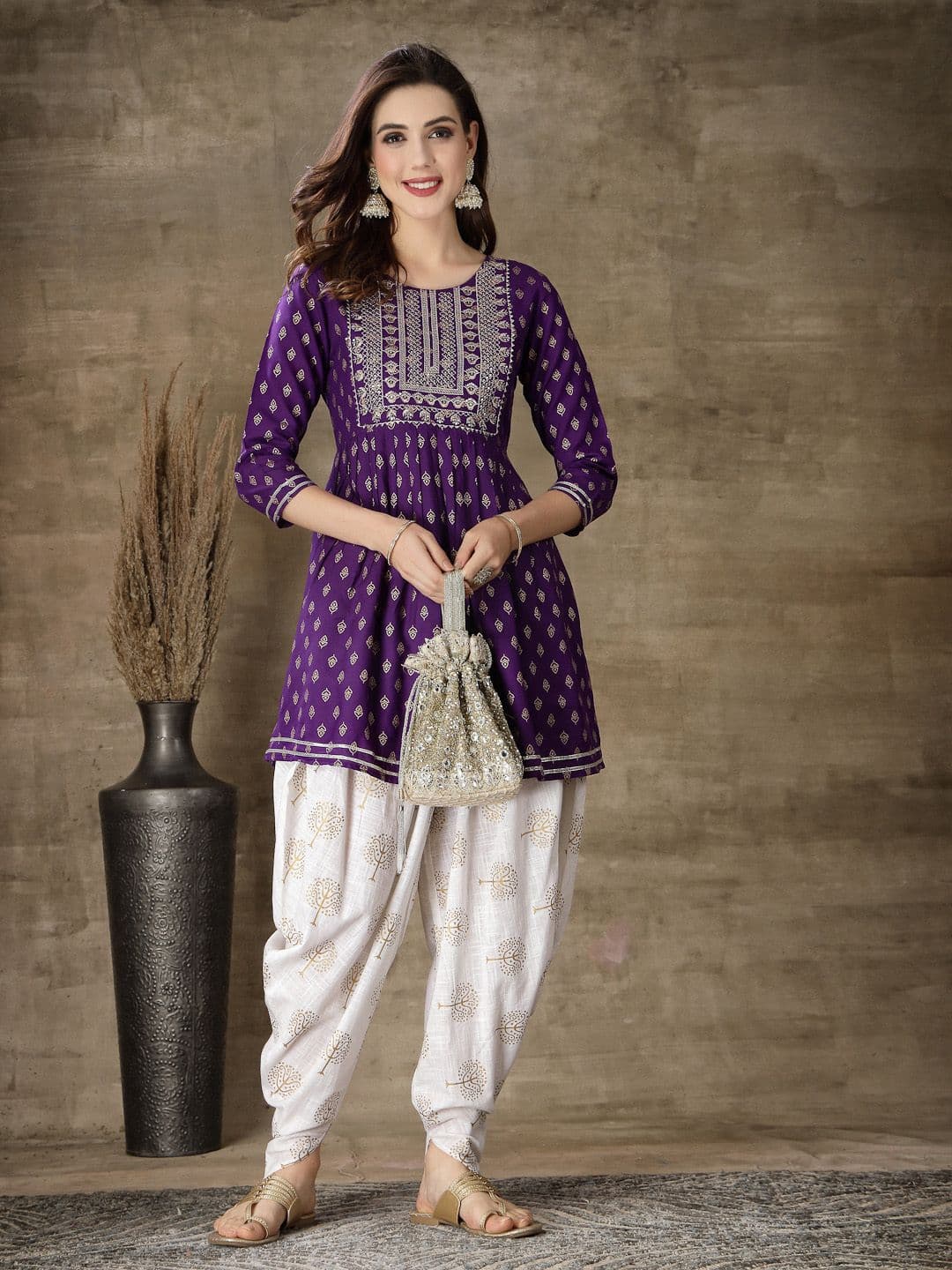 Stylum Ethnic Motifs Printed Gotta Patti A Line Fusion Kurti With Dhoti Pants - view 1