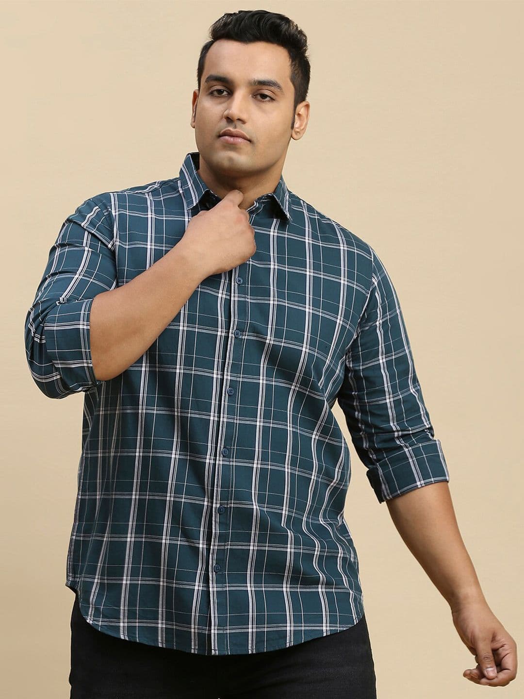 Sztori Plus Size Classic Tartan Checks Spread Collar Long Sleeve Cotton Casual Shirt - view 1