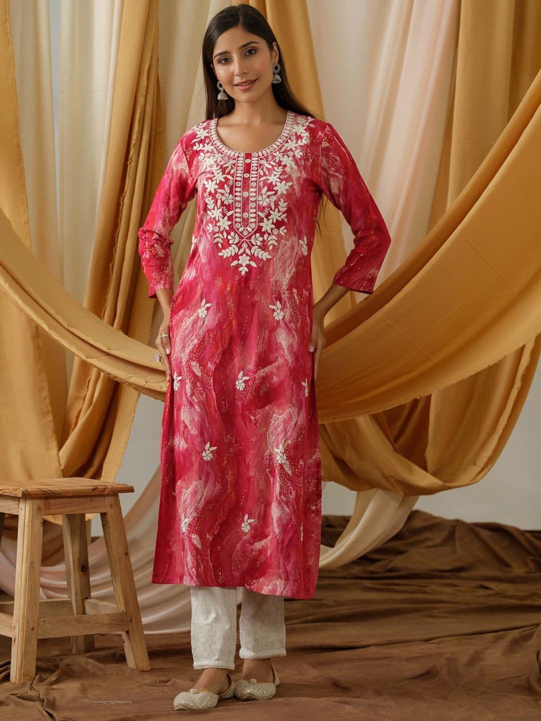 Sangria Abstract Printed and Embroidered Straight Kurta - view 1
