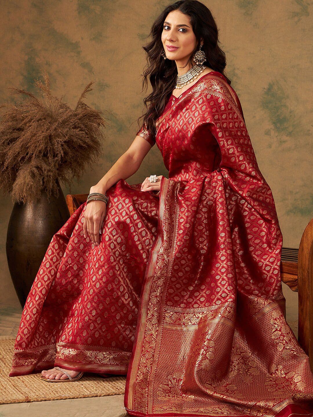 Sangria Red & Gold Toned Ethnic Motifs Woven Design Zari Banarasi Saree - view 1