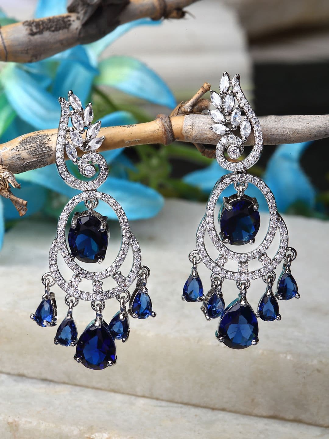 ZENEME Rhodium-Plated Leaf Shaped Navy Blue American Diamond Studded Earrings - view 1