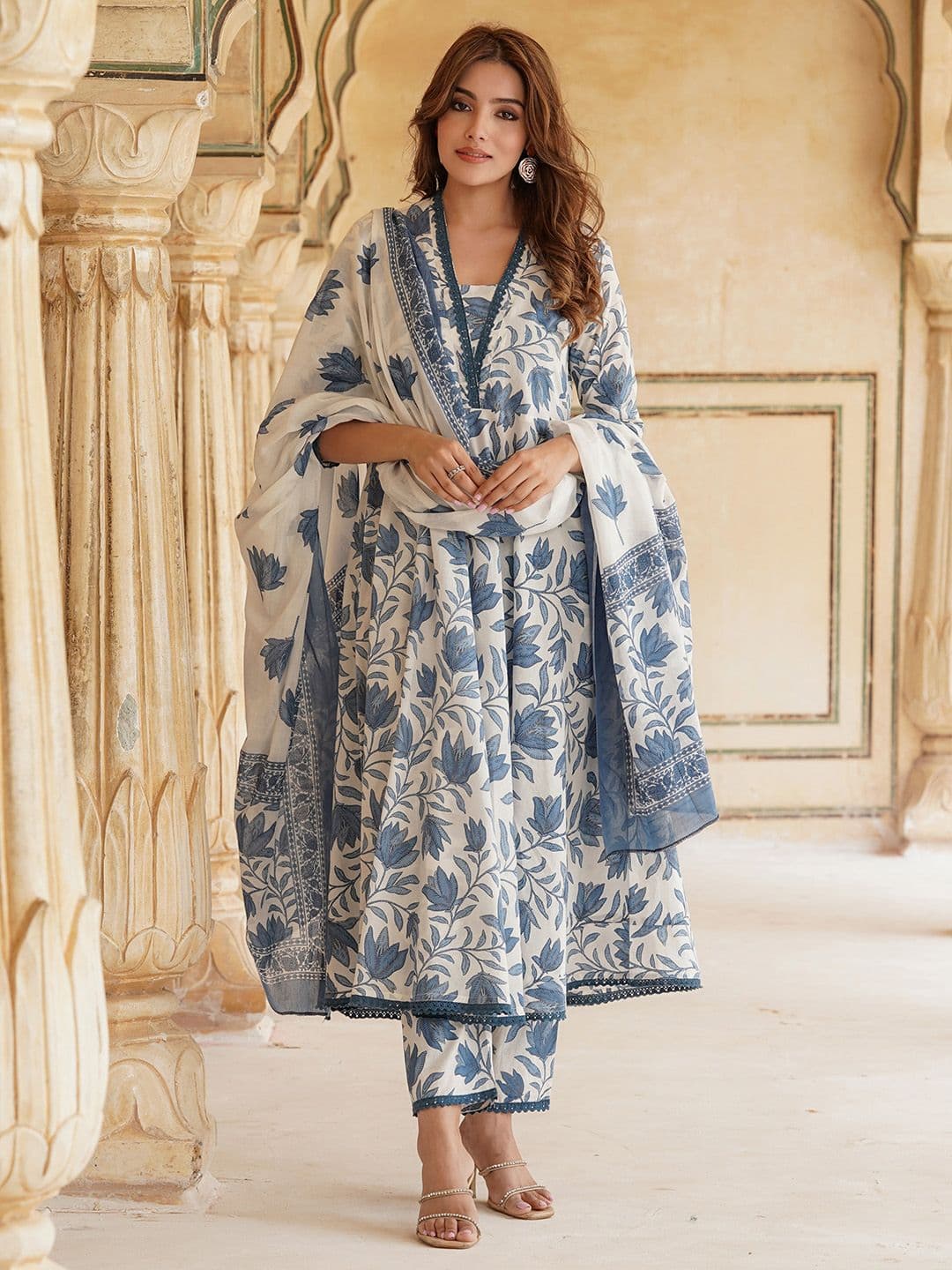 KALINI Floral Printed Regular Pure Cotton Kurta & Trousers With Dupatta - view 1