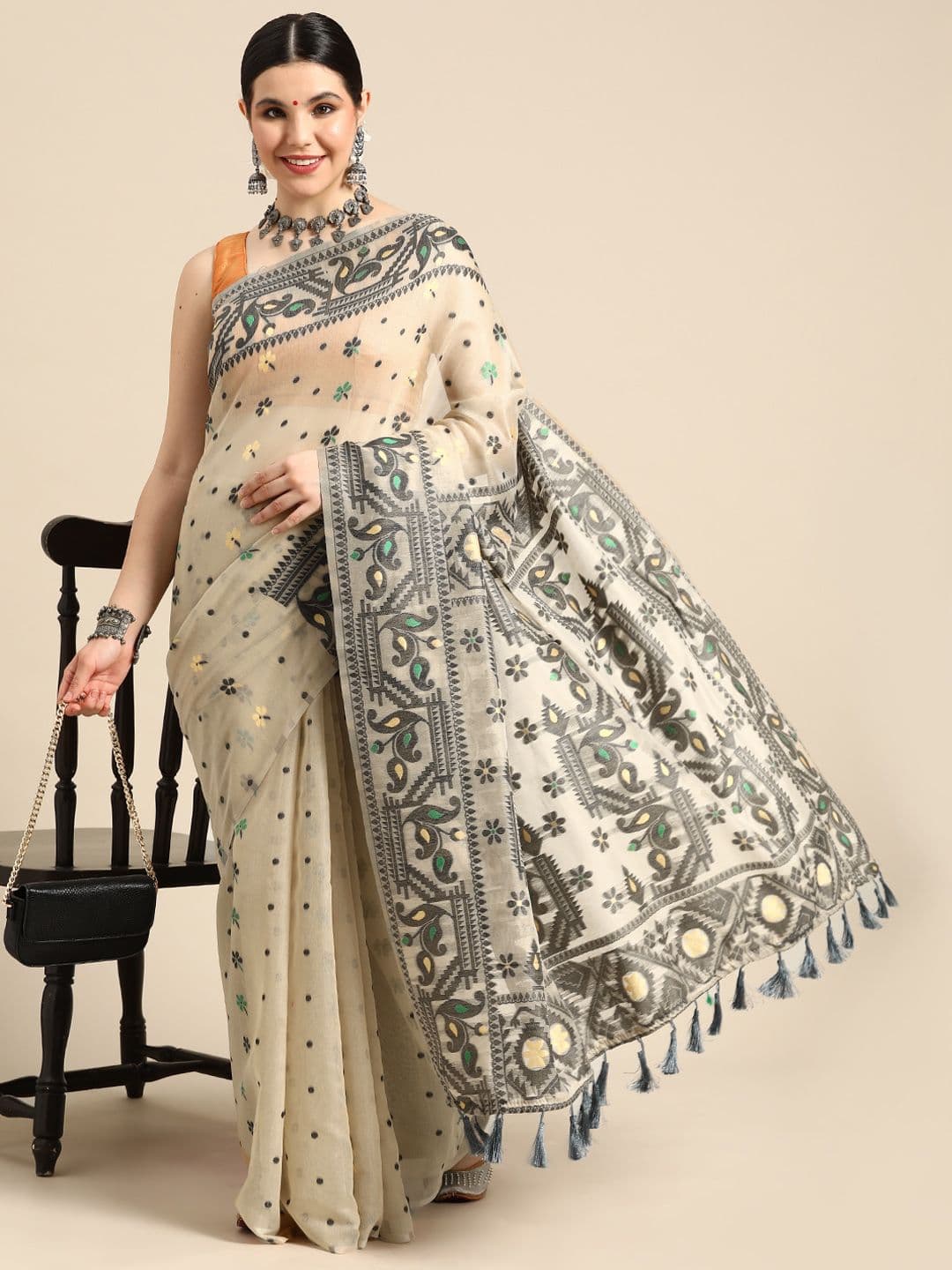 Silk Land Ethnic Motifs Phulkari Cotton Jamdani Saree - view 1