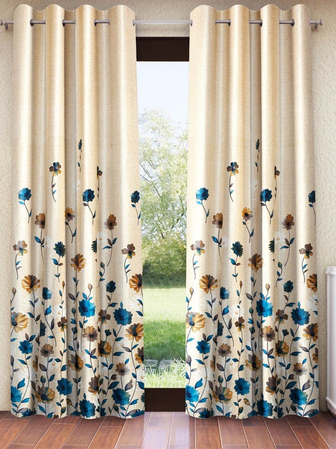 Home Sizzler Cream-Coloured & Blue 2 Pieces Floral Printed Room Darkening Door Curtains - view 1