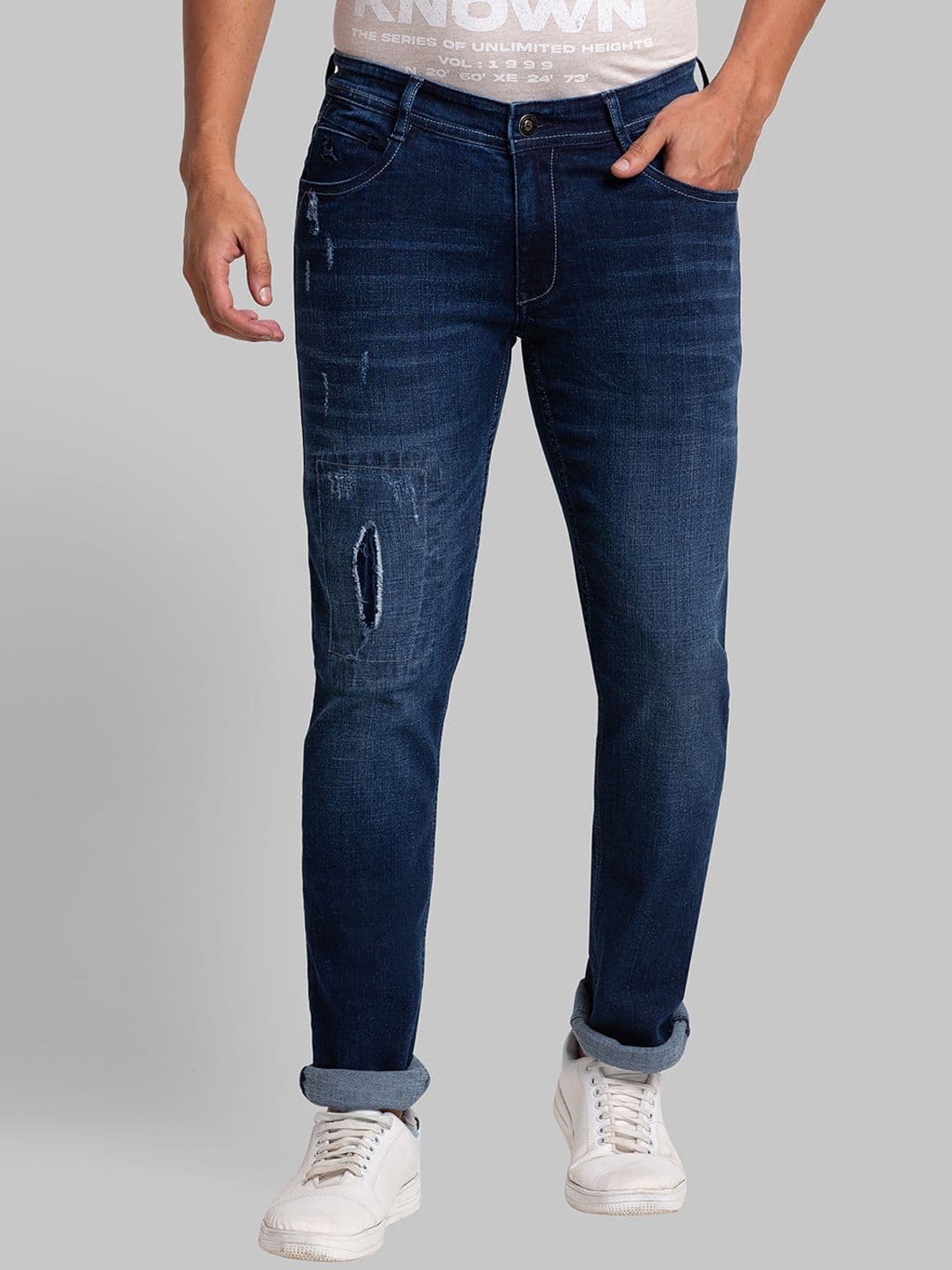 Parx Men Blue Skinny Fit Low Distress Light Fade Whiskers Jeans - view 1