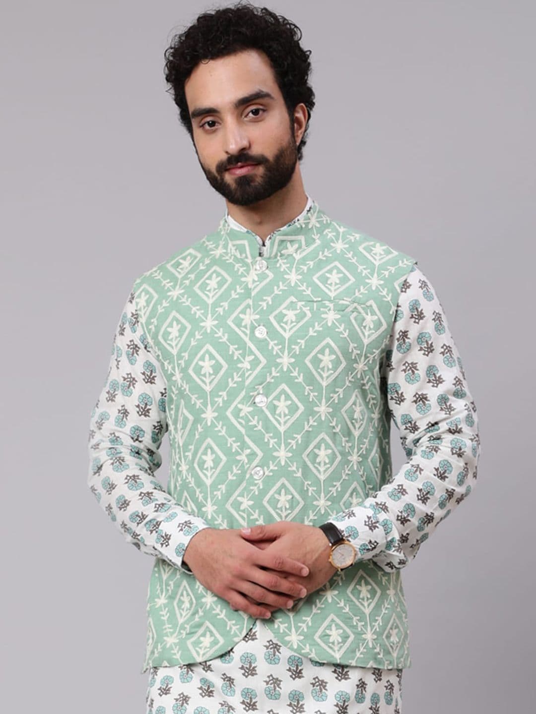 AKS Ethnic Motifs Embroidered Mandarin Collar Nehru Jacket - view 1