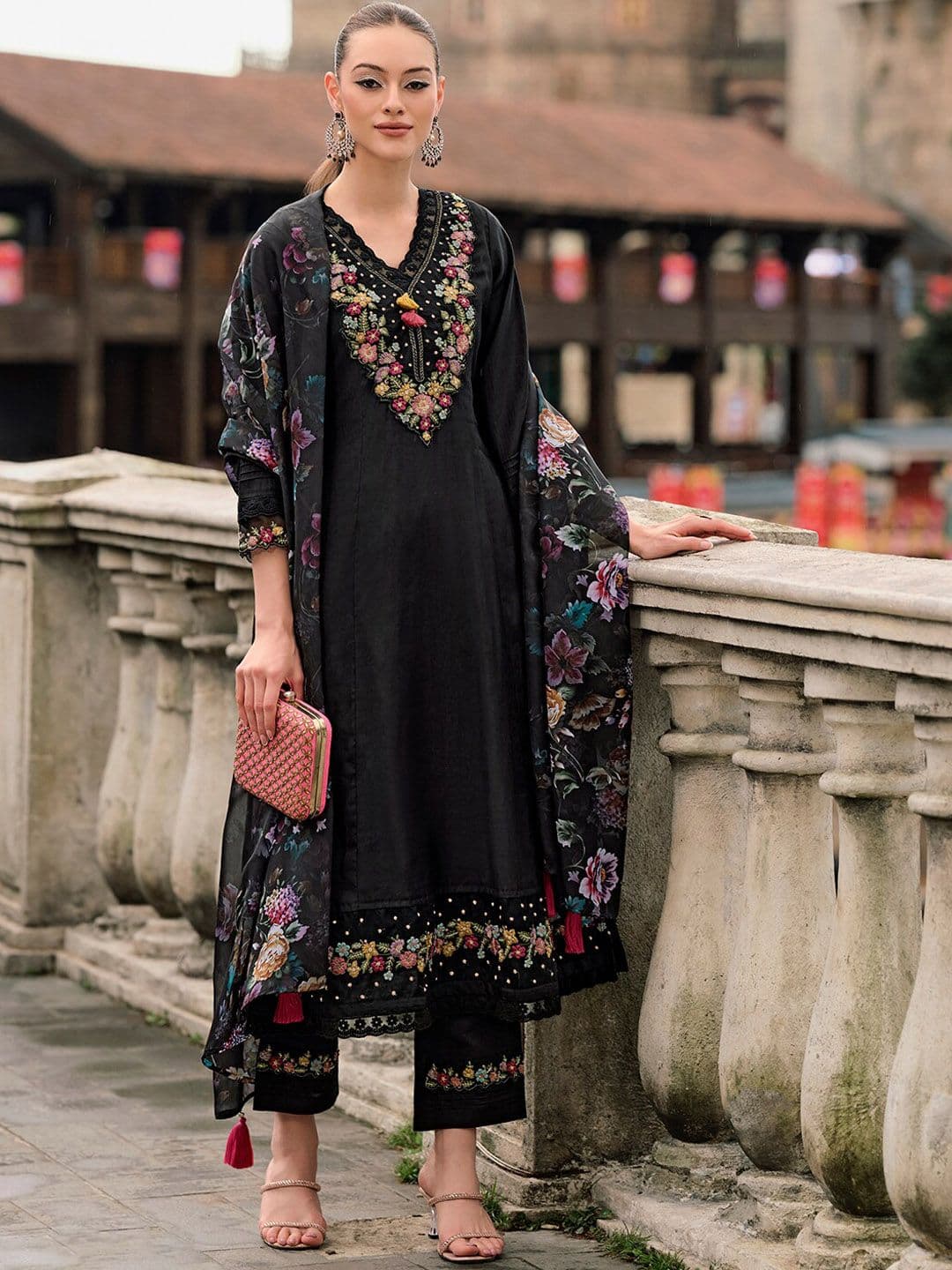 Indo Era Floral Yoke Design Thread Work A-Line Kurta With Trousers & Dupatta - view 1