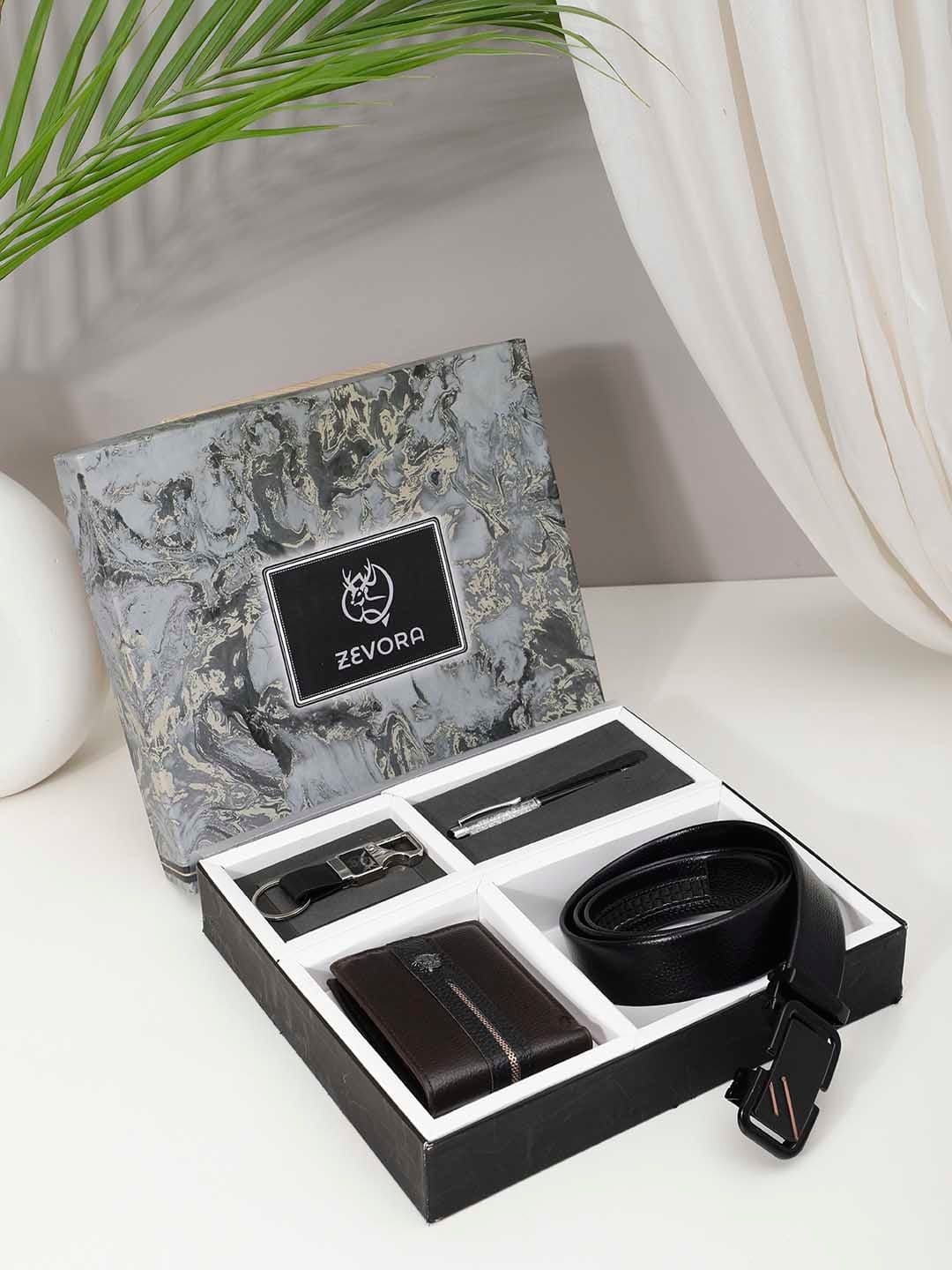 ZEVORA Men Leather Belt, Wallet, Keychain and Pen Gift Set