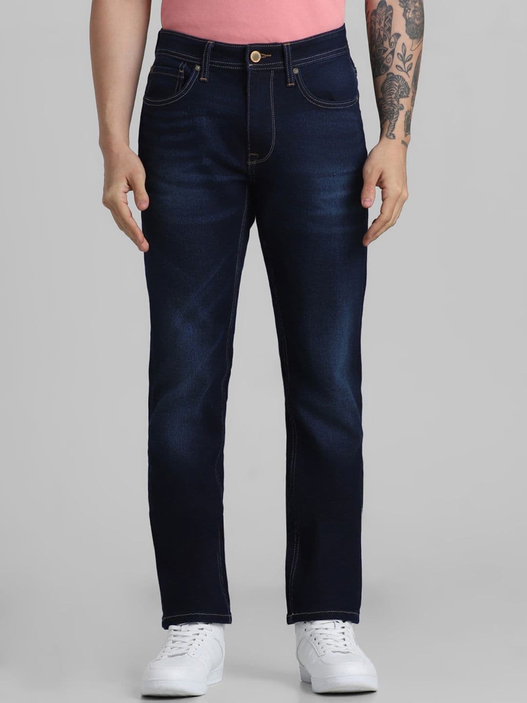 Jack & Jones Men Clark Mid-Rise Light Fade Dark Shade Clean Look Stretchable Jeans - view 1