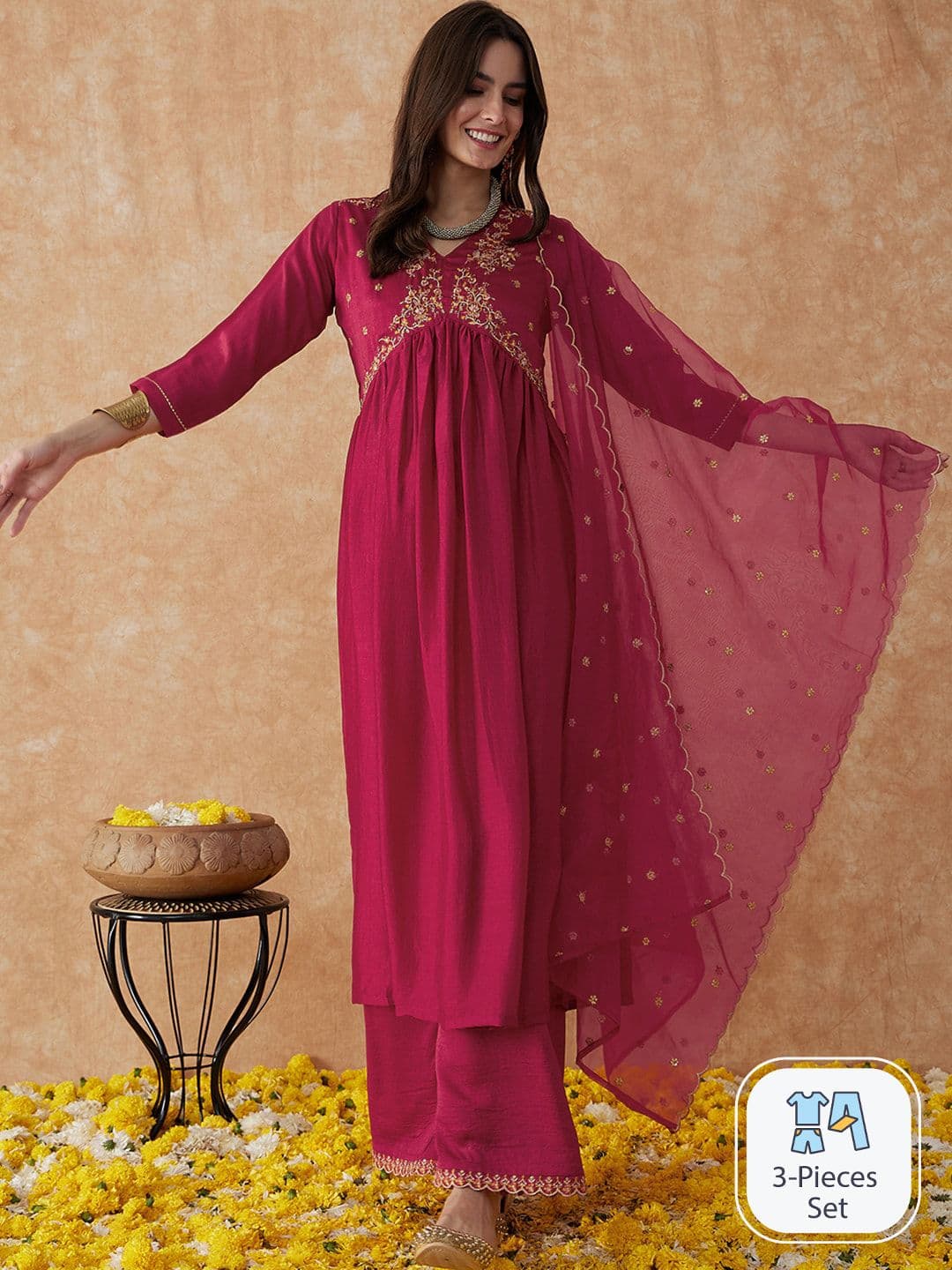 Sangria Embroidered Anarkali Kurta With Palazzo & Dupatta Set - view 1