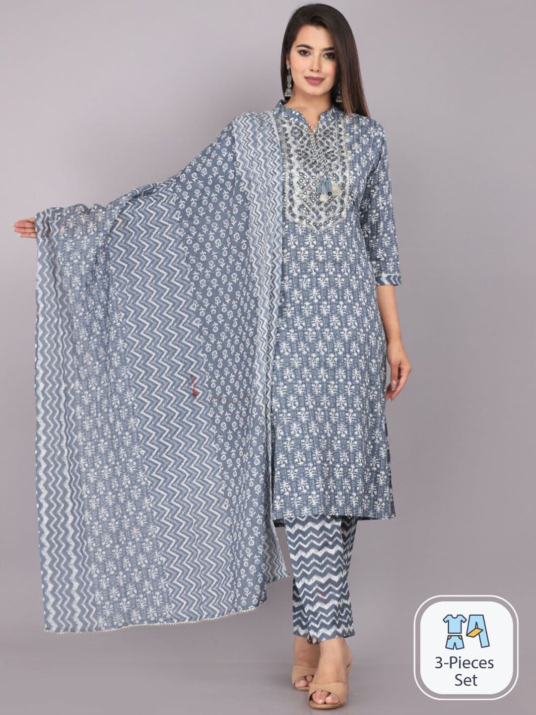 JC4U Floral Printed Pure Cotton Kurta with Trousers & With Dupatta - view 1
