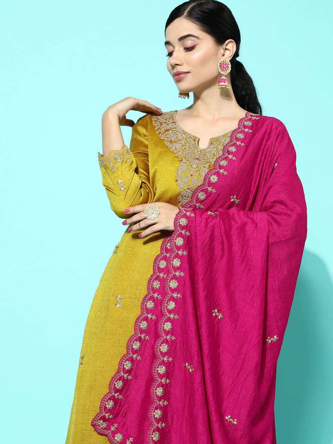 Sangria Yellow & Pink Floral Sequinned Embroidered Straight Kurta With Palazzo & Dupatta - view 1
