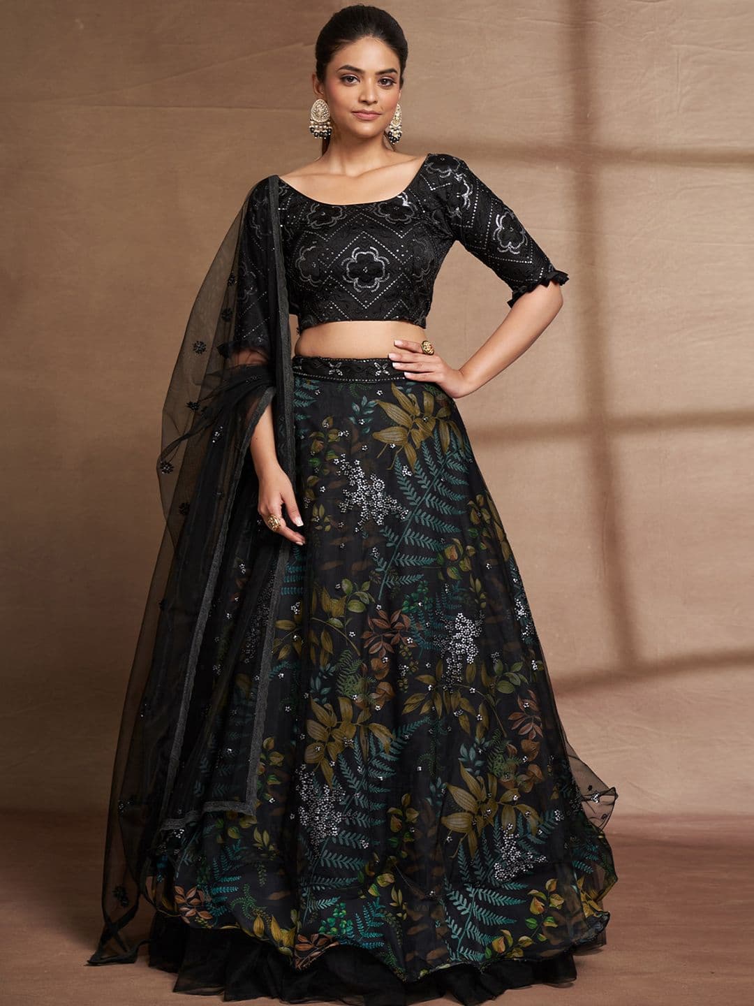 ODETTE Embellished Thread Work Semi-Stitched Lehenga & Unstitched Blouse With Dupatta - view 1