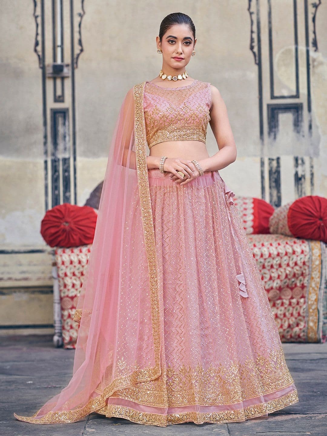 SHOPGARB Embroidered Beads & Stones Semi-Stitched Lehenga & Unstitched Blouse With Dupatta - view 1