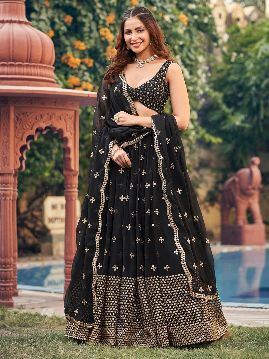 SHOPGARB Embroidered Sequinned Semi-Stitched Lehenga & Unstitched Blouse With Dupatta - view 1