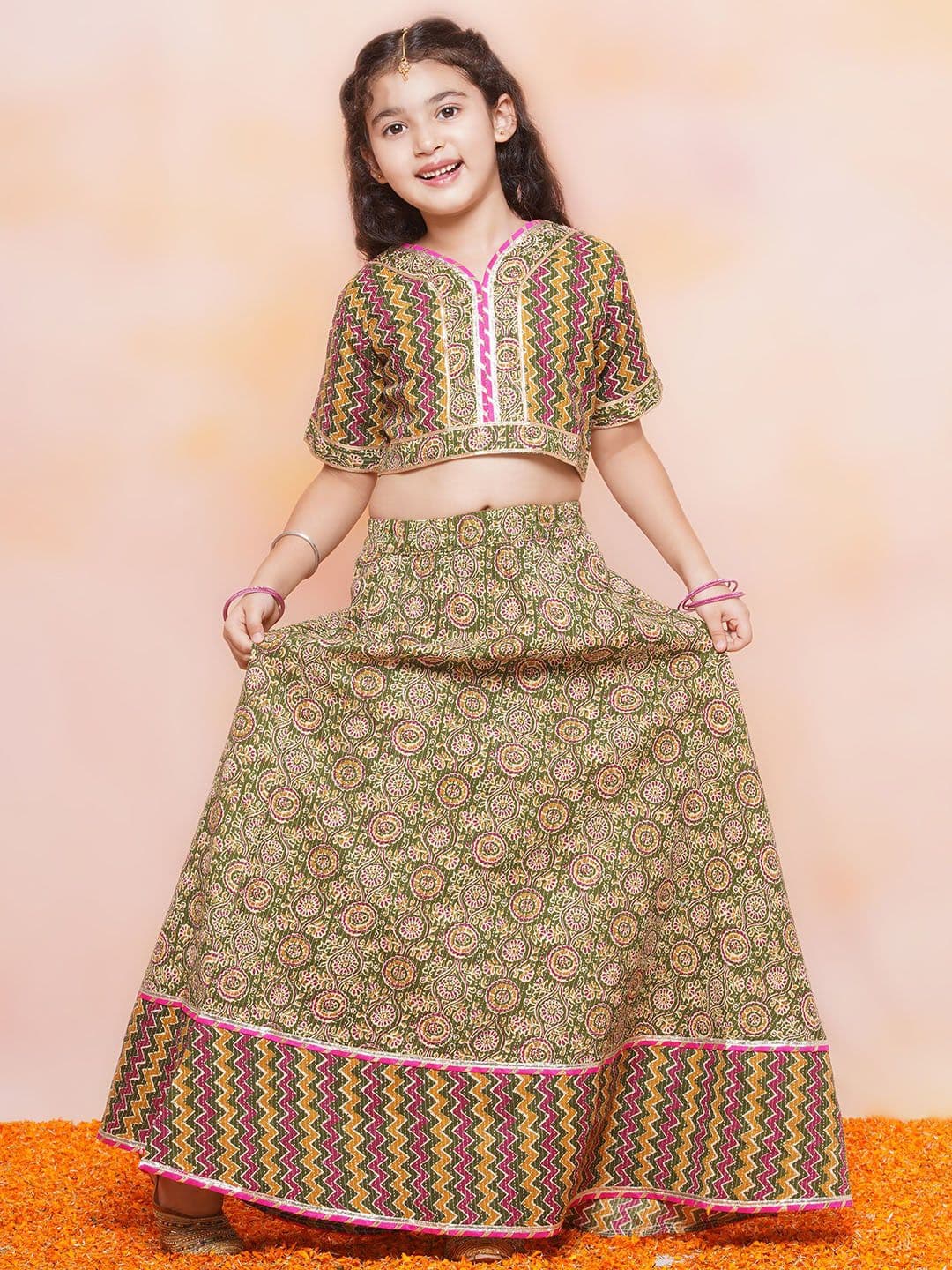 Aj DEZInES Girls Green Ethnic Motifs Printed Gotta Patti Ready To Wear Cotton Lehenga Choli - view 1