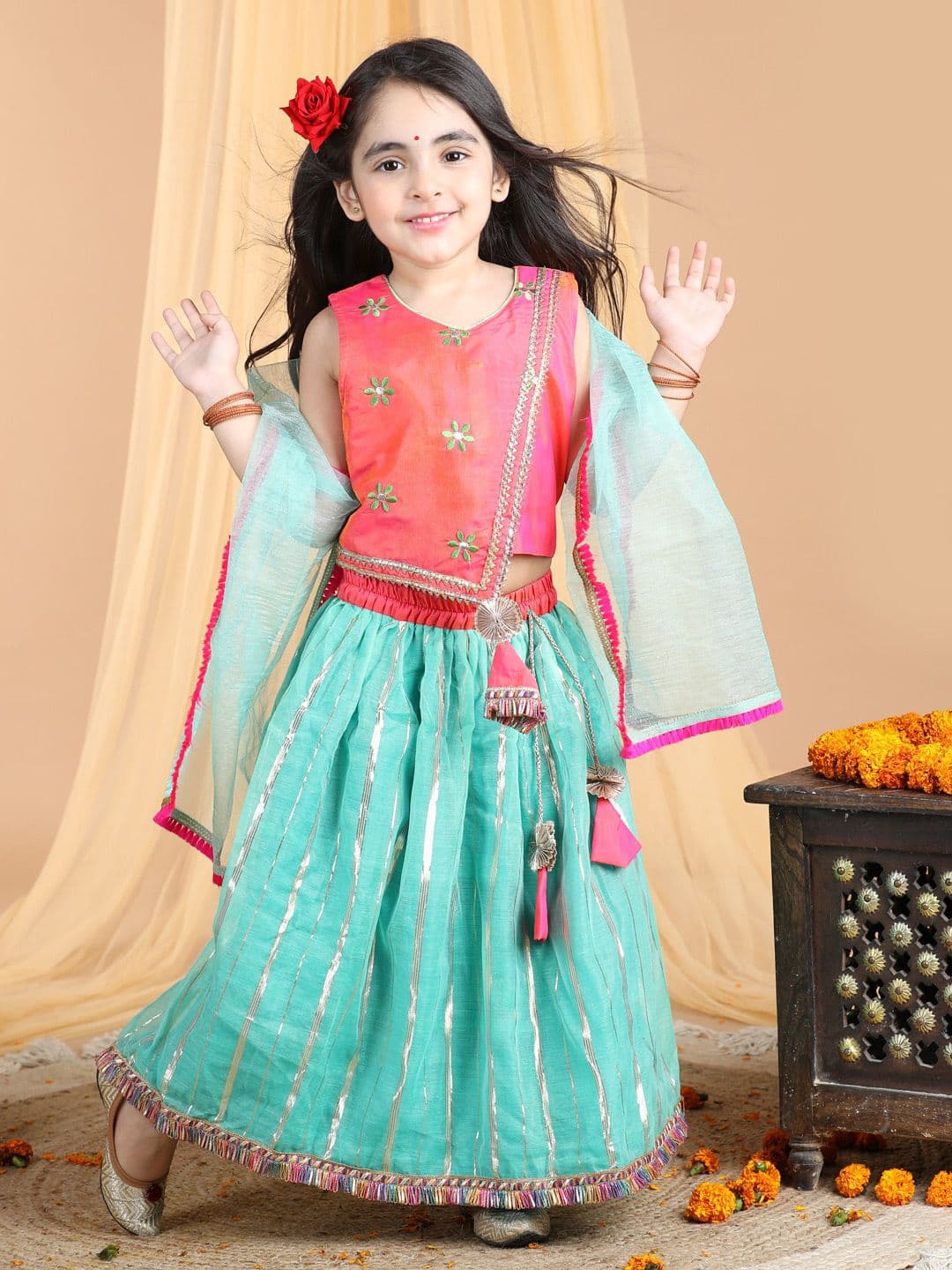 Here&Now X Kinder Kids Girls Embroidered Ready to Wear Lehenga & Blouse With Dupatta - view 1