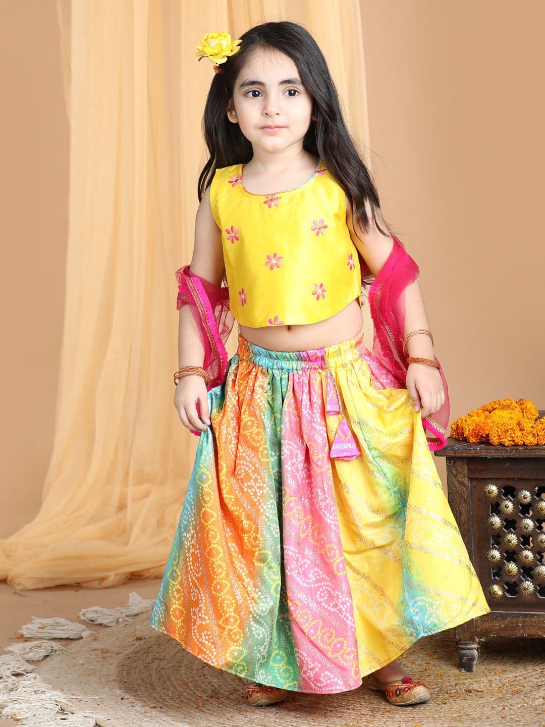 Here&Now X Kinder Kids Girls Embroidered Thread Work Ready to Wear Lehenga & Blouse With Dupatta - view 1