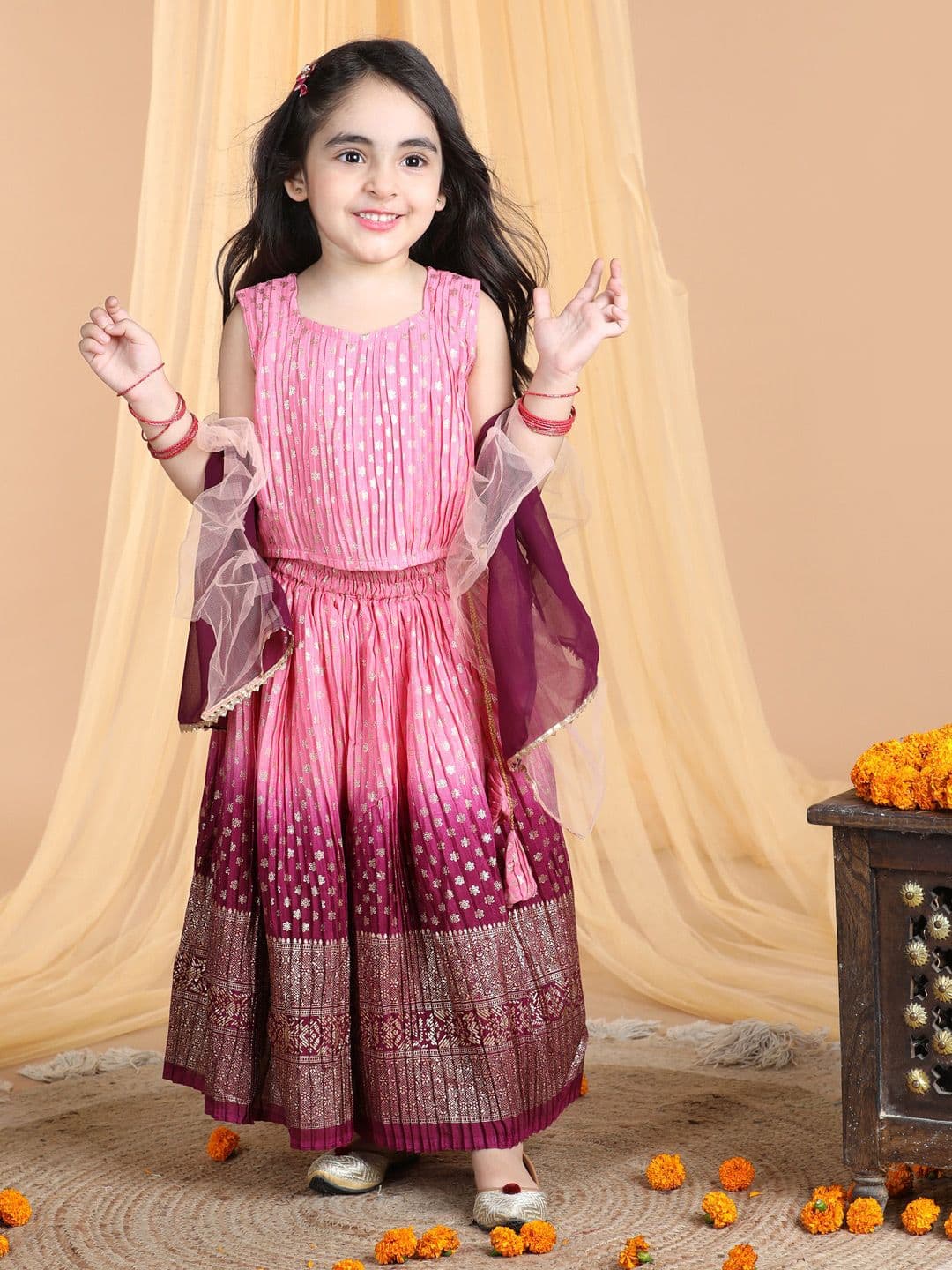 Here&Now X Kinder Kids Girls Embroidered Ready to Wear Lehenga & Blouse With Dupatta - view 1