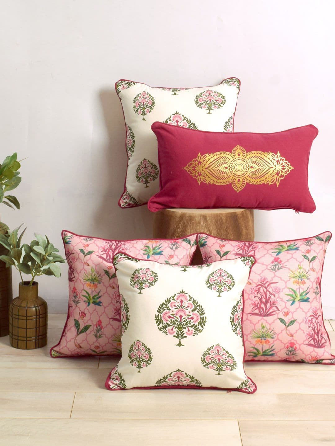 BLANC9 Pink & White 5 Pieces Printed Square & Rectangle Cushion Covers - view 1