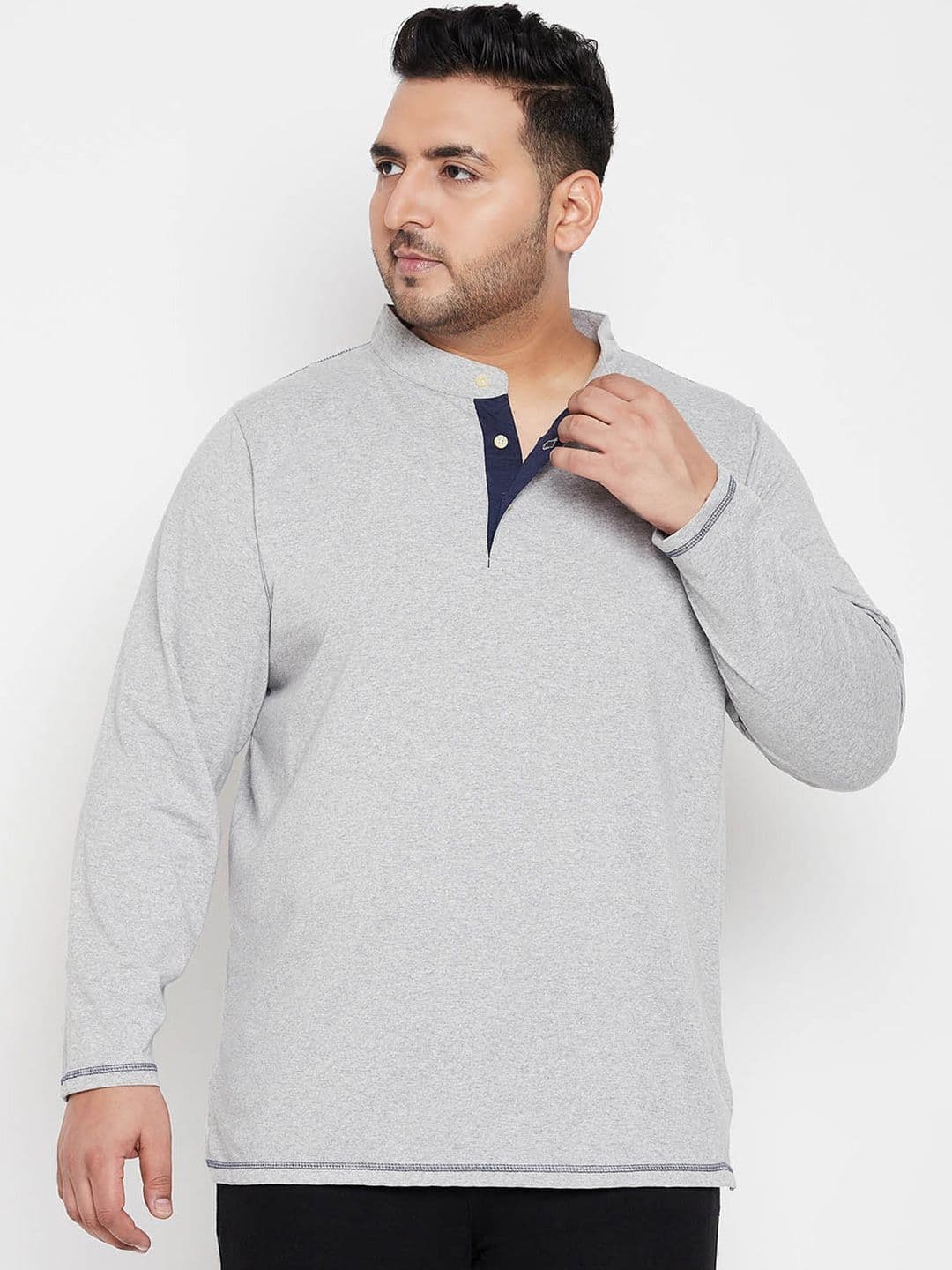 bigbanana Men Plus Size Mandarin Collar Pure Cotton T-shirt - view 1