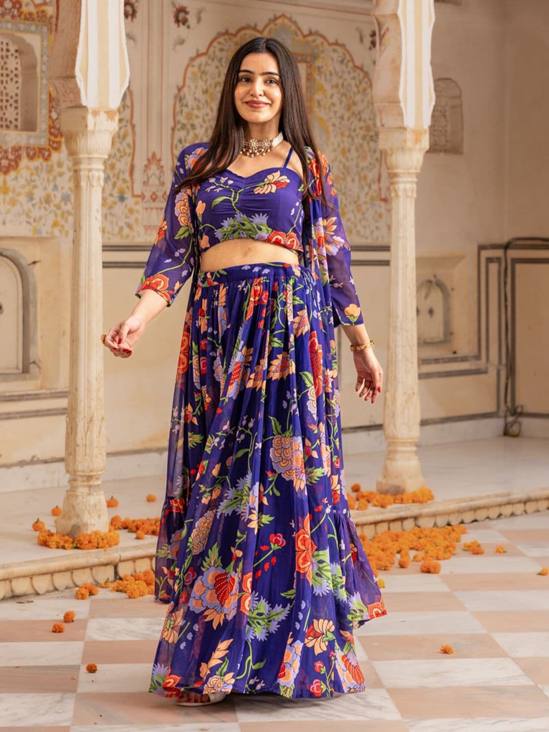 Ambraee Blue Floral Printed Ready to Wear Lehenga & Blouse With Jacket - view 1