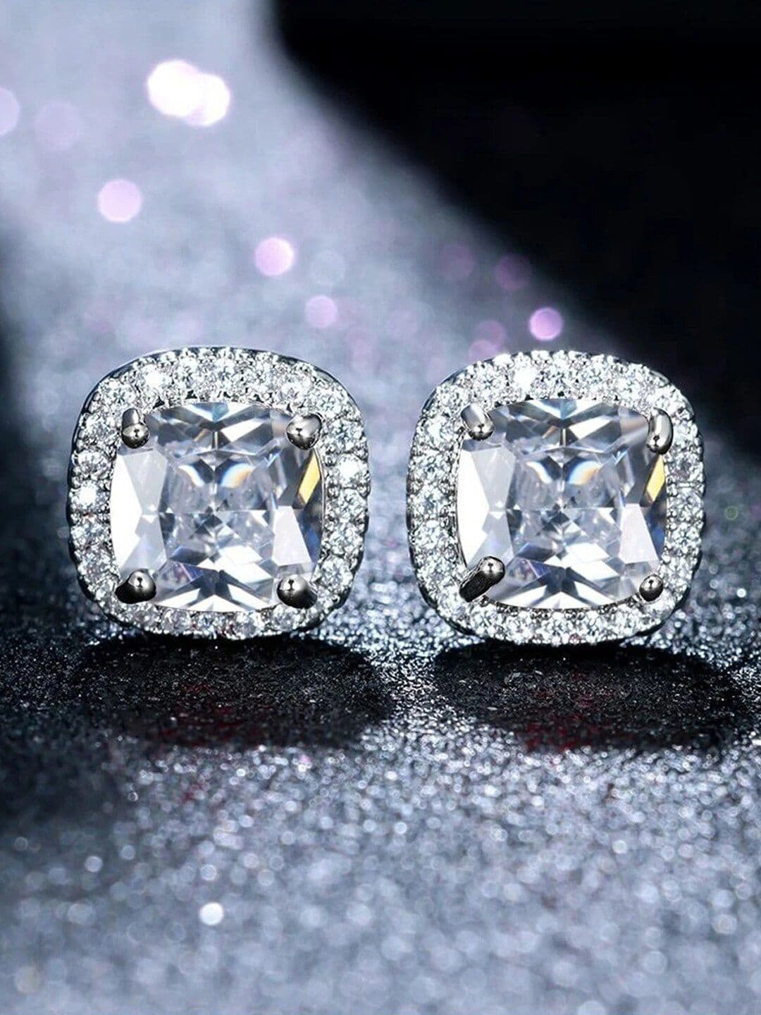 Designs & You Silver Plated American Diamond Studded Square Studs Earrings - view 1