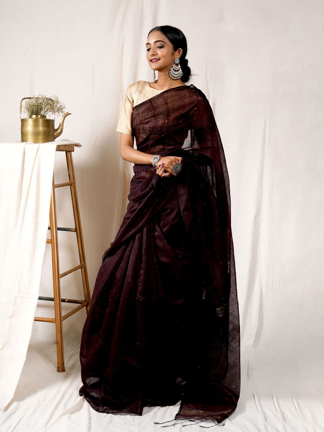 TEEJH Brown Embellished Sequinned Silk Cotton Saree - view 1