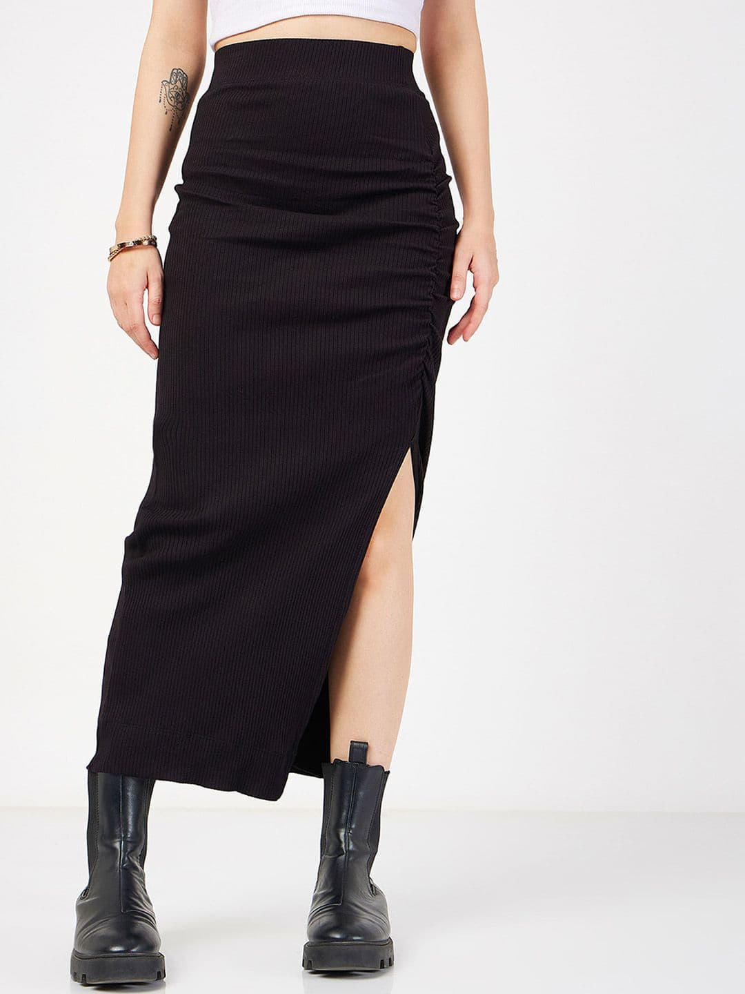 SASSAFRAS Ribbed Front Ruched Midi Skirt - view 1