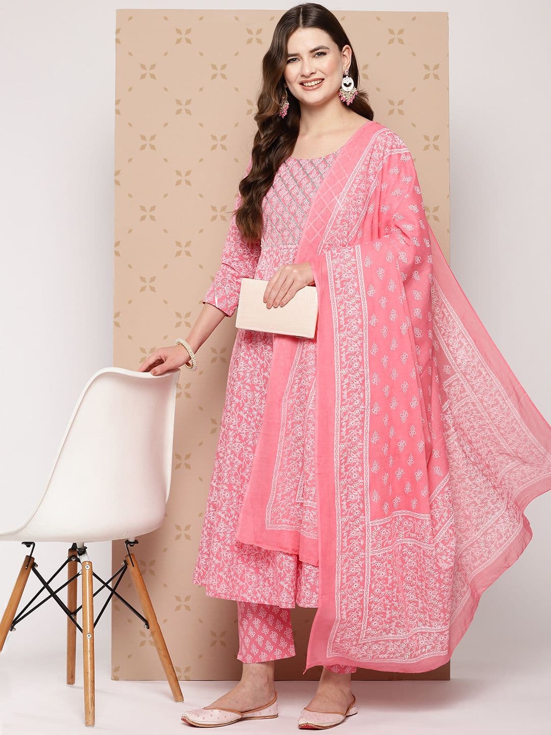 KALINI Pure Cotton Ethnic Motifs Printed Anarkali Kurta With Trousers & With Dupatta - view 1