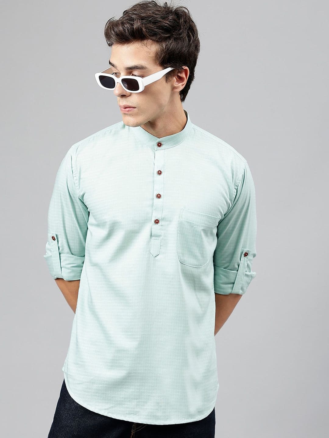 Hancock Self Design Band Collar Roll Up Sleeves Pure Cotton Short Kurta - view 1