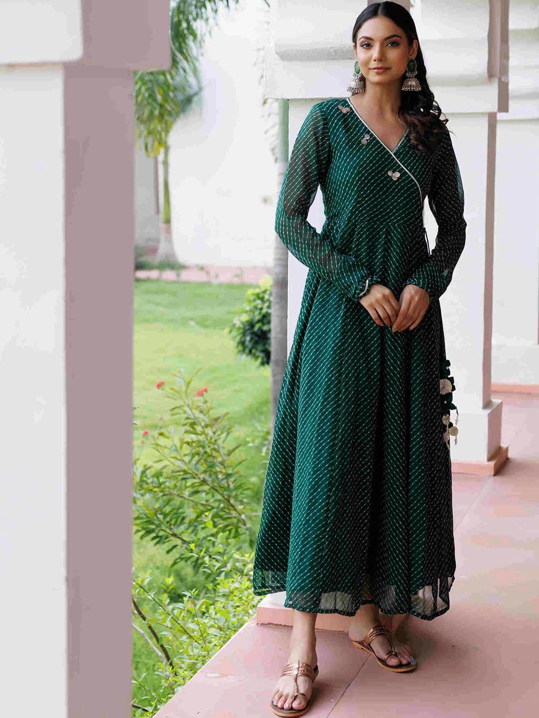 Ragavi V-Neck Leheriya Printed Maxi Ethnic Dress - view 1