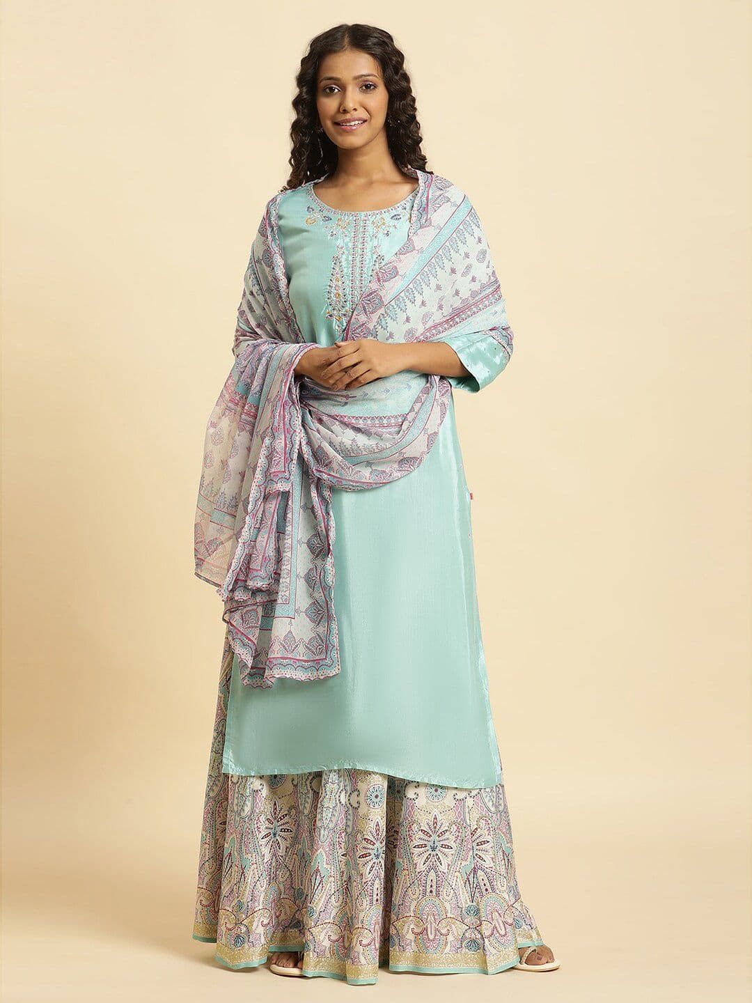 W White & Pink Ethnic Motifs Printed Dupatta - view 1