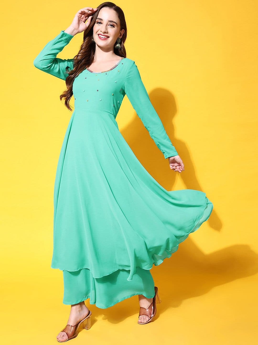 Poshak Hub Embroidered Round Neck Long Sleeve Pleated Anarkali Kurta - view 1