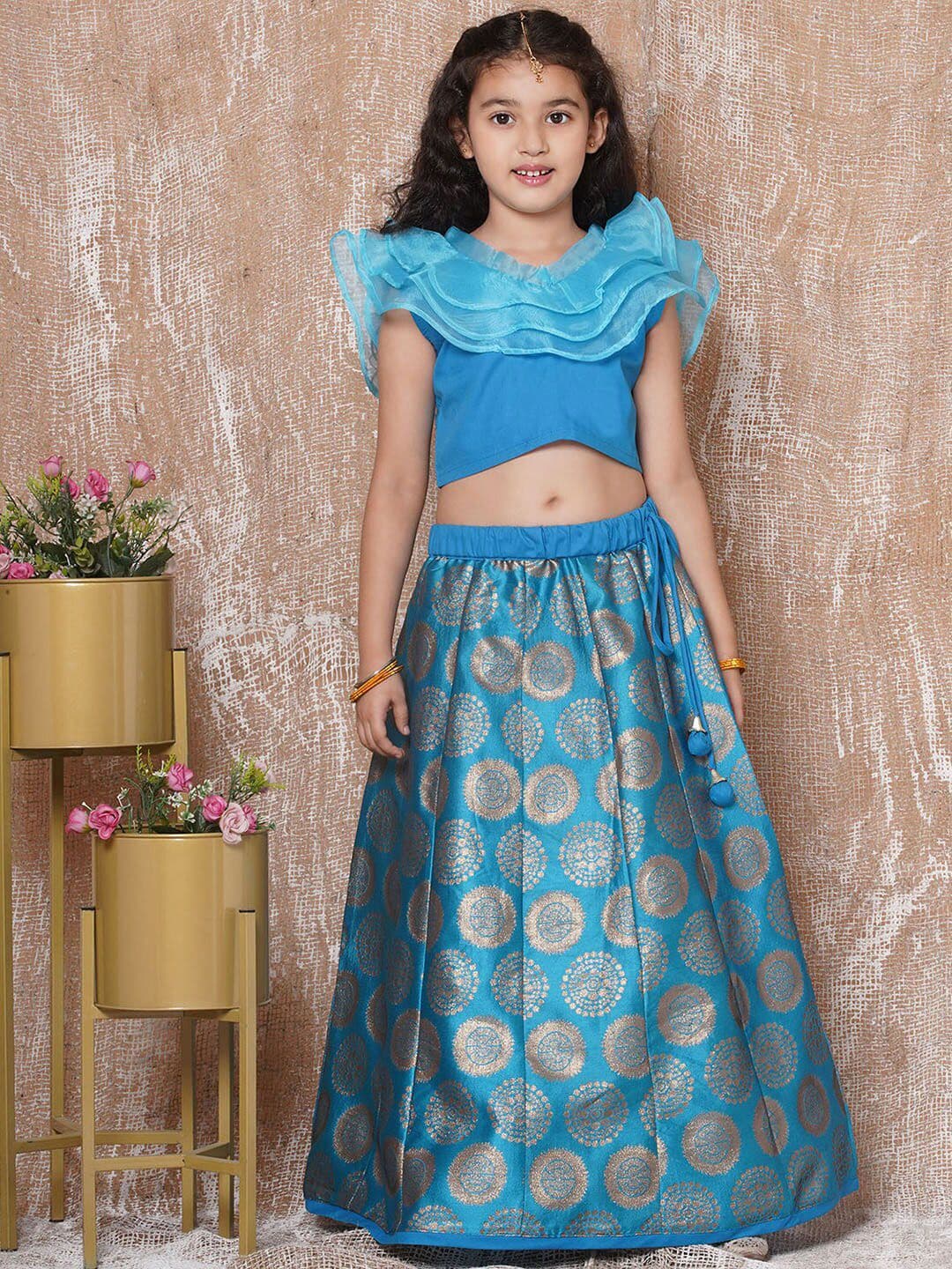 Aj DEZInES Girls Blue Ready to Wear Cotton Sleeveless Lehenga & Choli Set - view 1