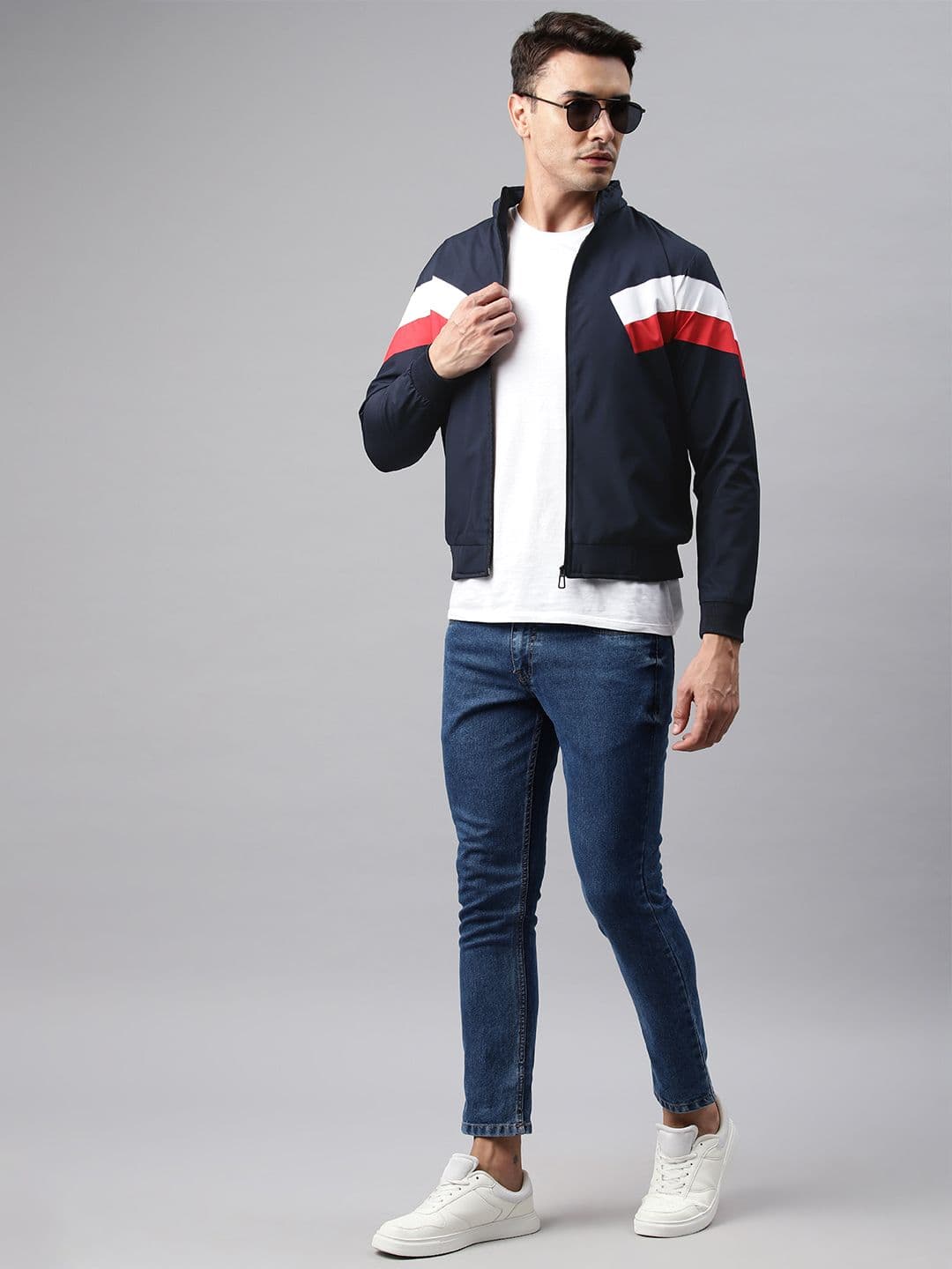ADBUCKS Men Blue Striped Windcheater Biker Jacket - view 1
