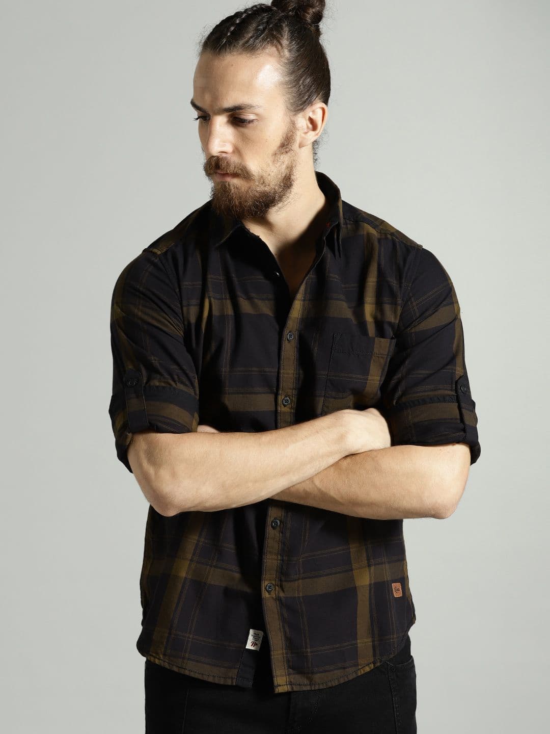 Roadster Men Black & Olive Brown Checked Pure Cotton Casual Shirt - view 1