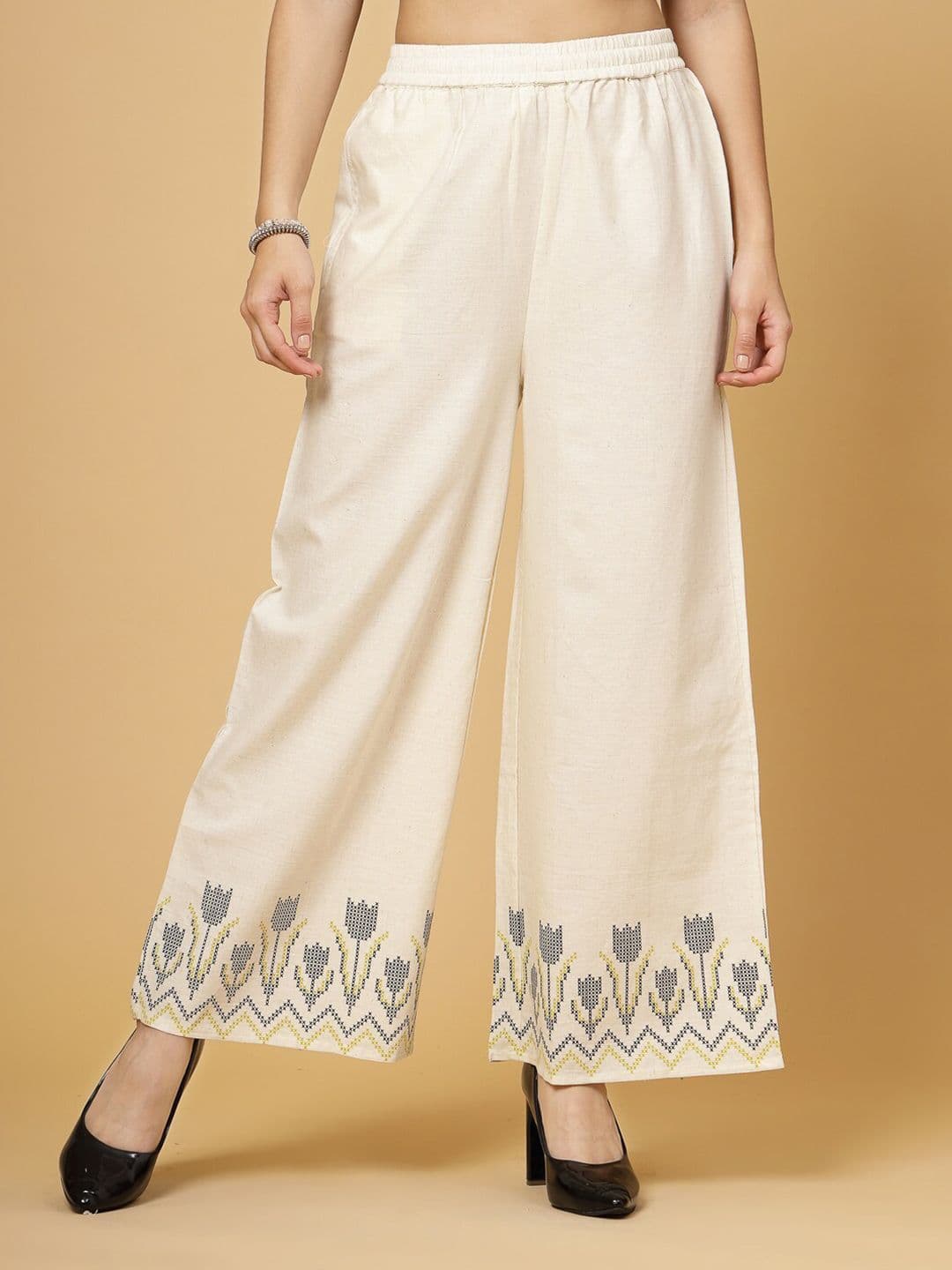 Pistaa Women White & Green Floral Hem Design Ethnic Palazzos - view 1