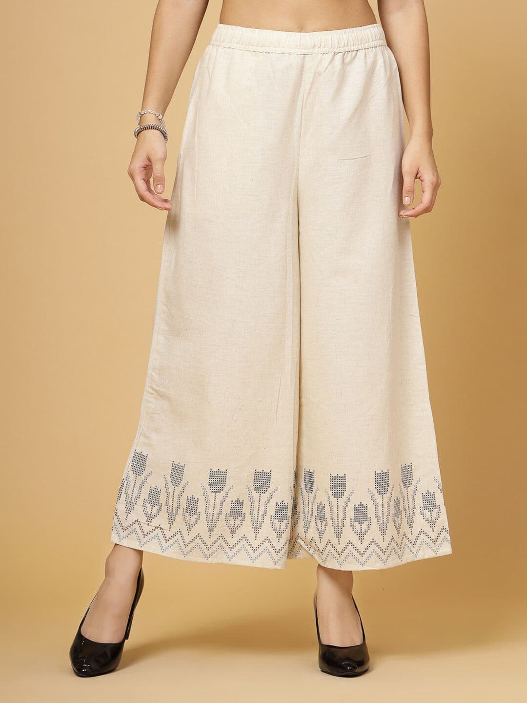 Pistaa Women Floral Hem Design Cotton Flared Palazzos - view 1