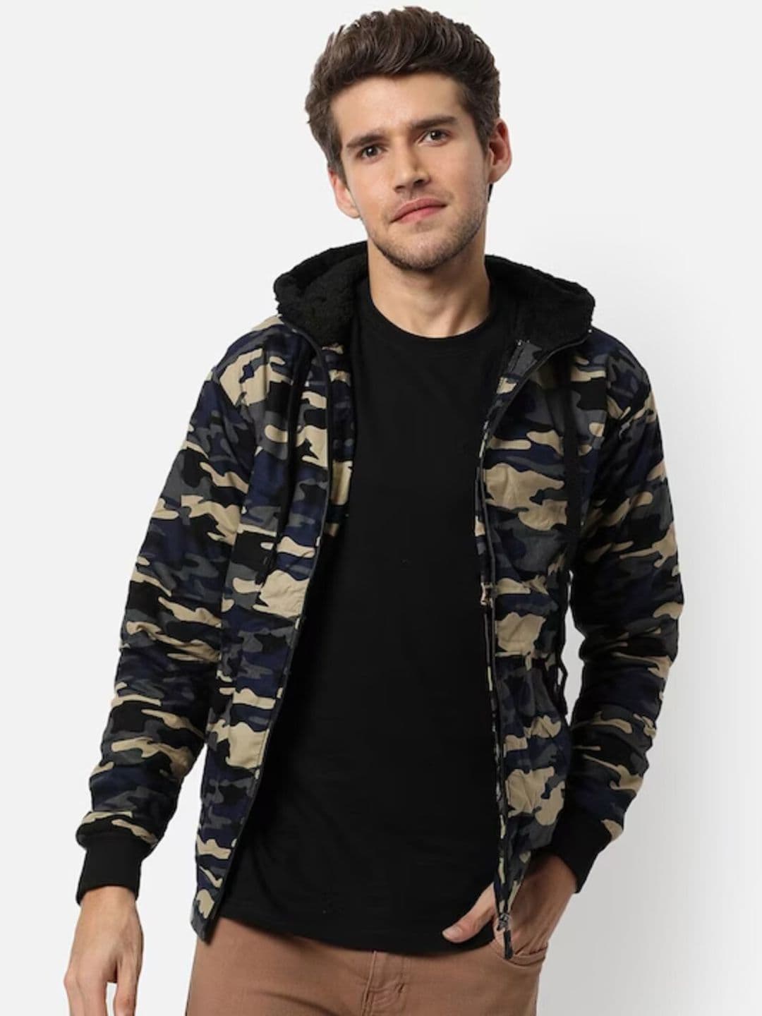 CAHOOT Campus Sutra Navy Blue & Beige Camouflage Windcheater Hooded Cotton Bomber Jacket - view 1
