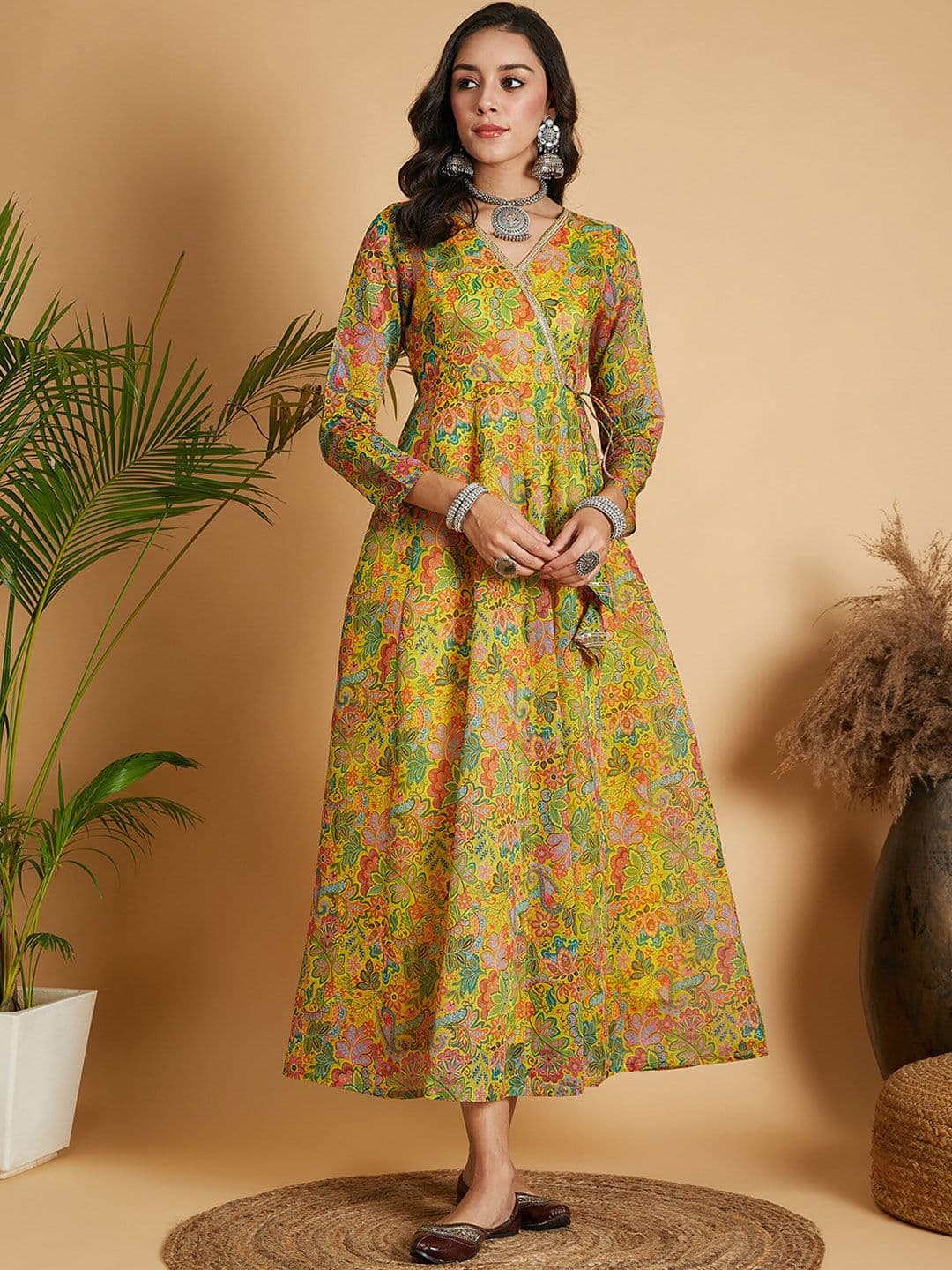 Shae by SASSAFRAS Floral Printed Gotta Patti Angrakha Maxi Ethnic Dress - view 1