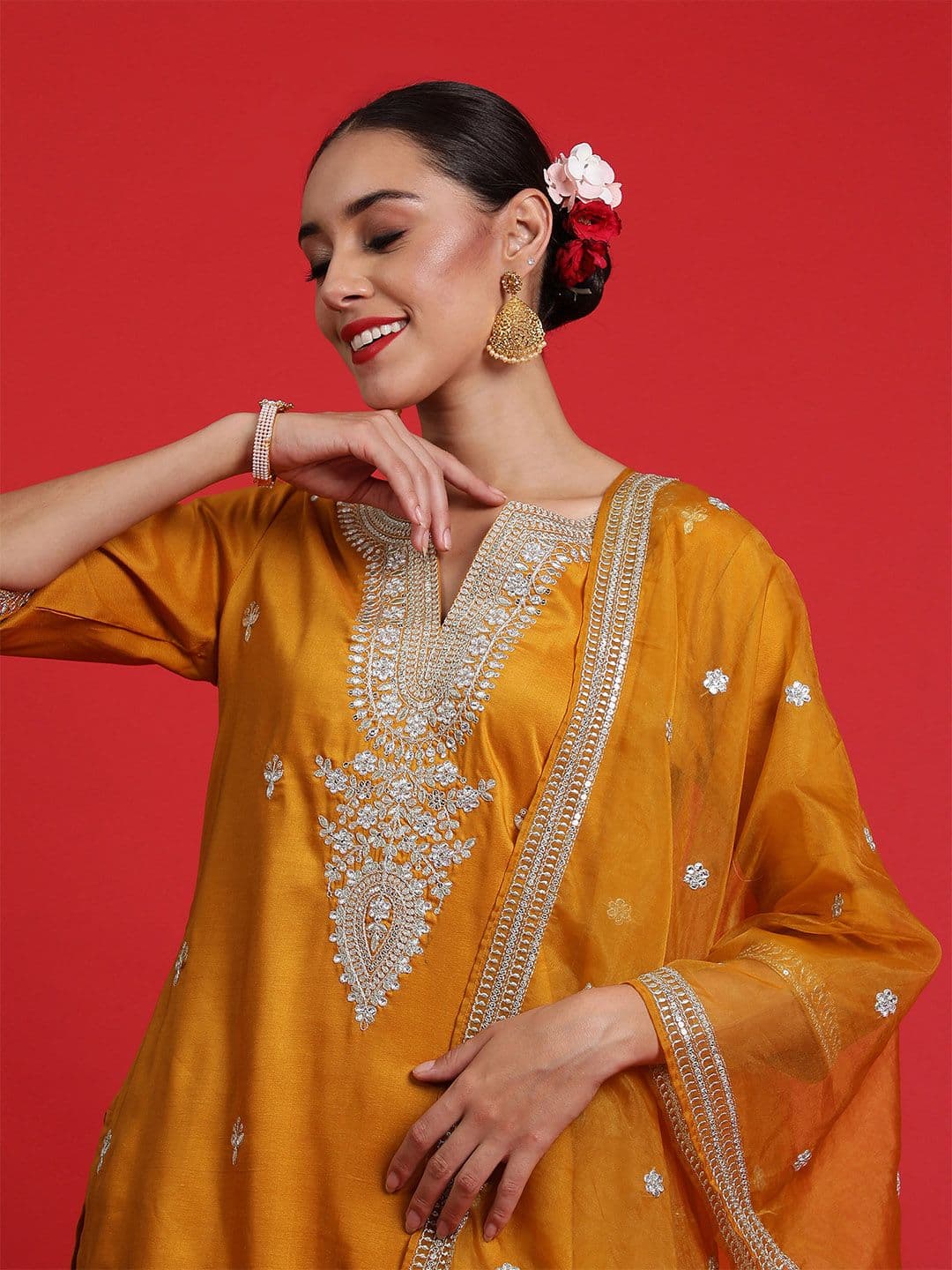 Indo Era Ethnic Motifs Embroidered Sequinned Straight Kurta & Trousers With Dupatta - view 1