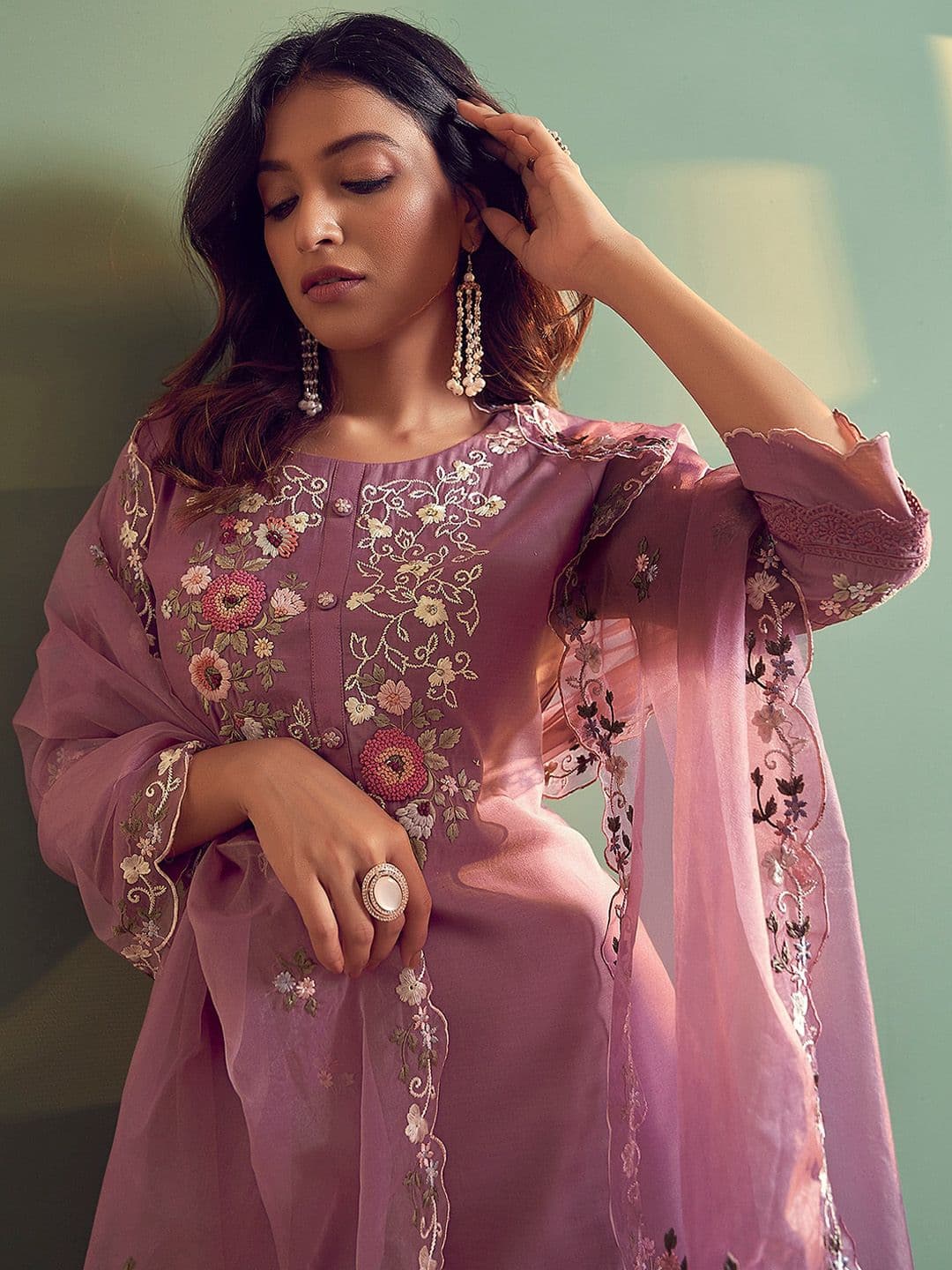 Indo Era Floral Embroidered Regular Thread Work Kurta With Trousers & Dupatta - view 1